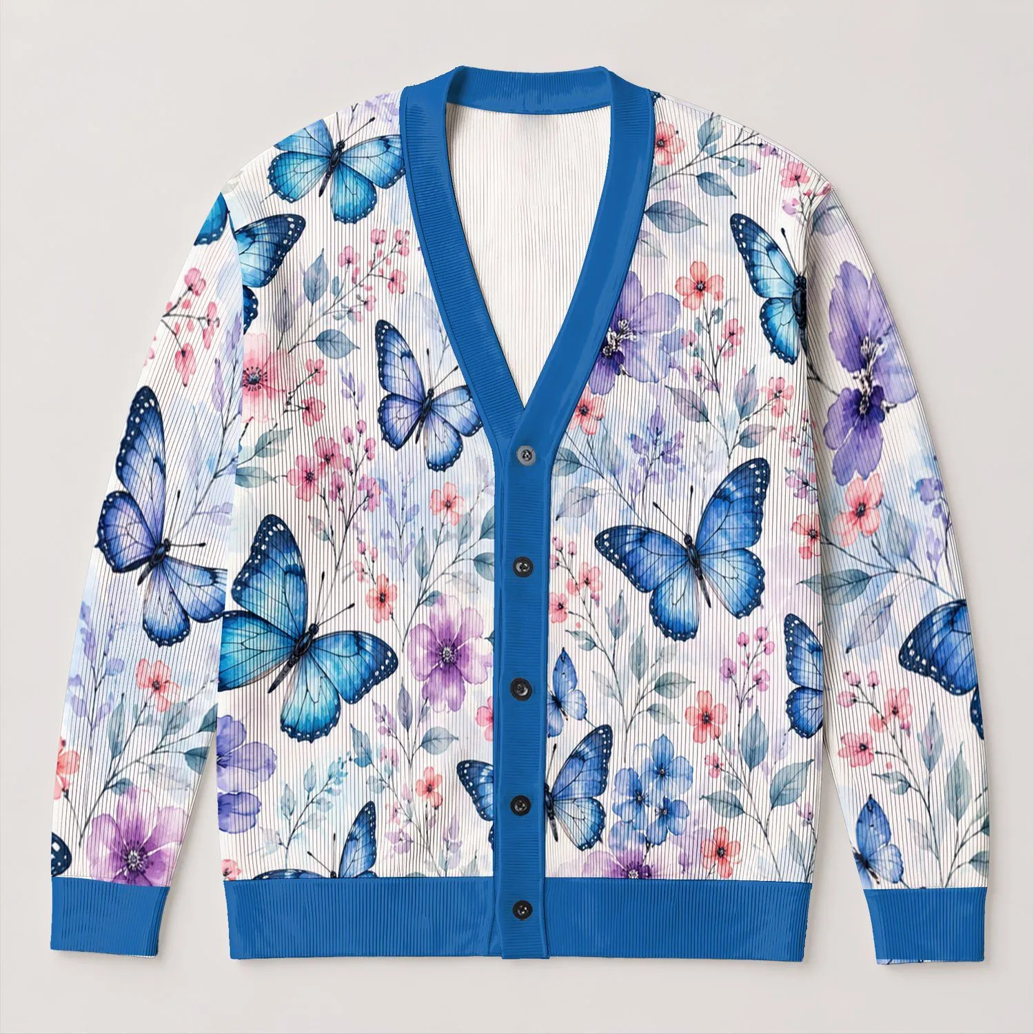 Blue Butterfly Floral Layering Style for Beach Escapes and Romantic Weekend Outings All-over Print Knitted Cardigan - 1