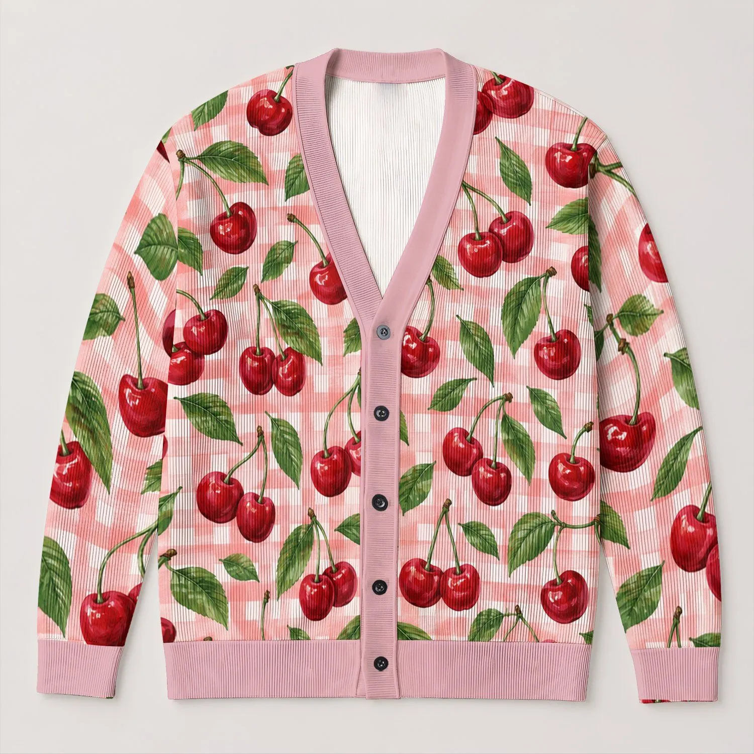 Cherry Pink Gingham With Red Cherries For Casual Summer Layering, Women's Everyday Style All-over Print Knitted Cardigan - 1
