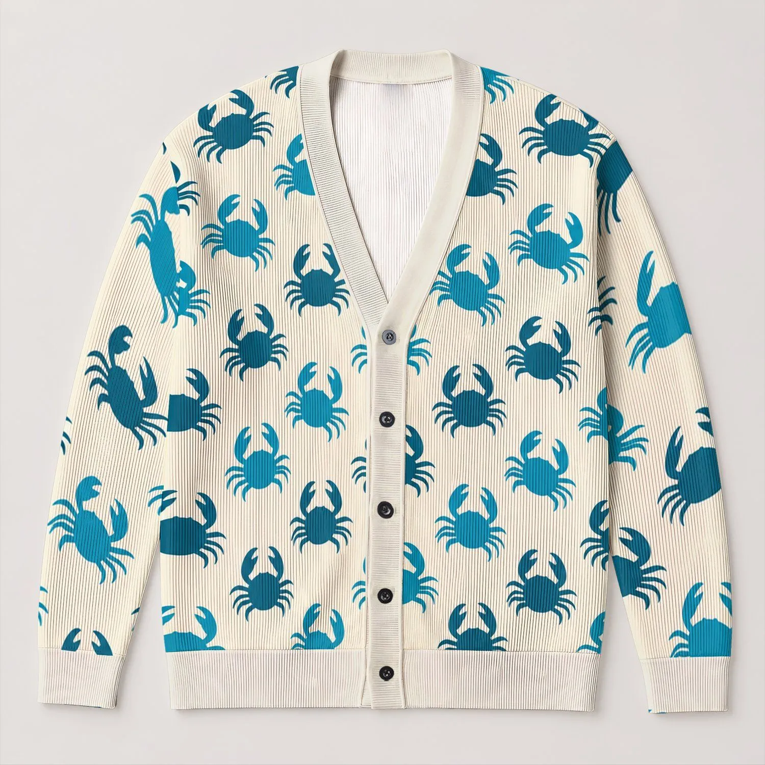 Teal Crab Coastal Motif for Beach Holidays and Relaxed Vacation Style for Women’s Everyday All-over Print Knitted Cardigan - 1