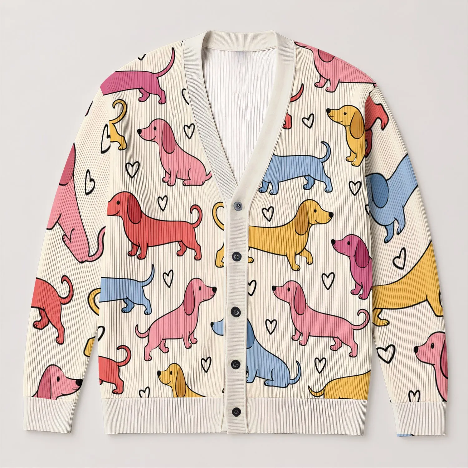 Colorful Dachshund Hearts For Casual Spring Layering And Thoughtful Dog Lover Gifts All-over Print Knitted Cardigan - 1