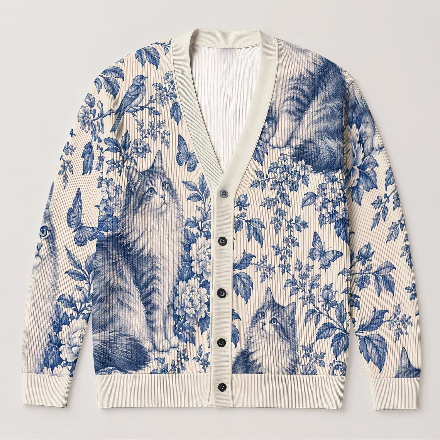 Blue White Cat Toile Floral Scene For Relaxed Everyday Layering And Cottagecore Women All-over Print Knitted Cardigan - 1