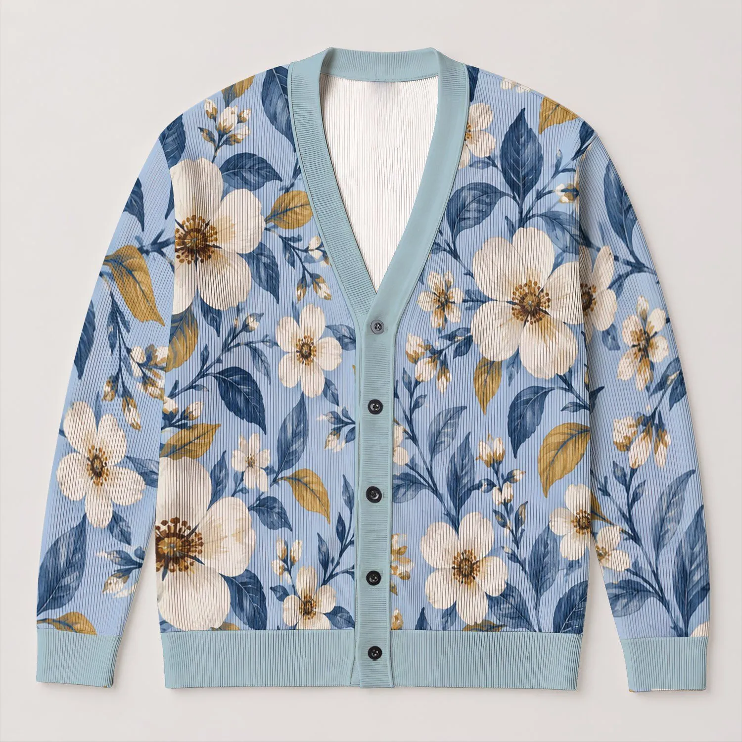 Light Blue Botanical Blooms For Spring Getaways And Date Nights, Elegant Style For Women All-over Print Knitted Cardigan - 1