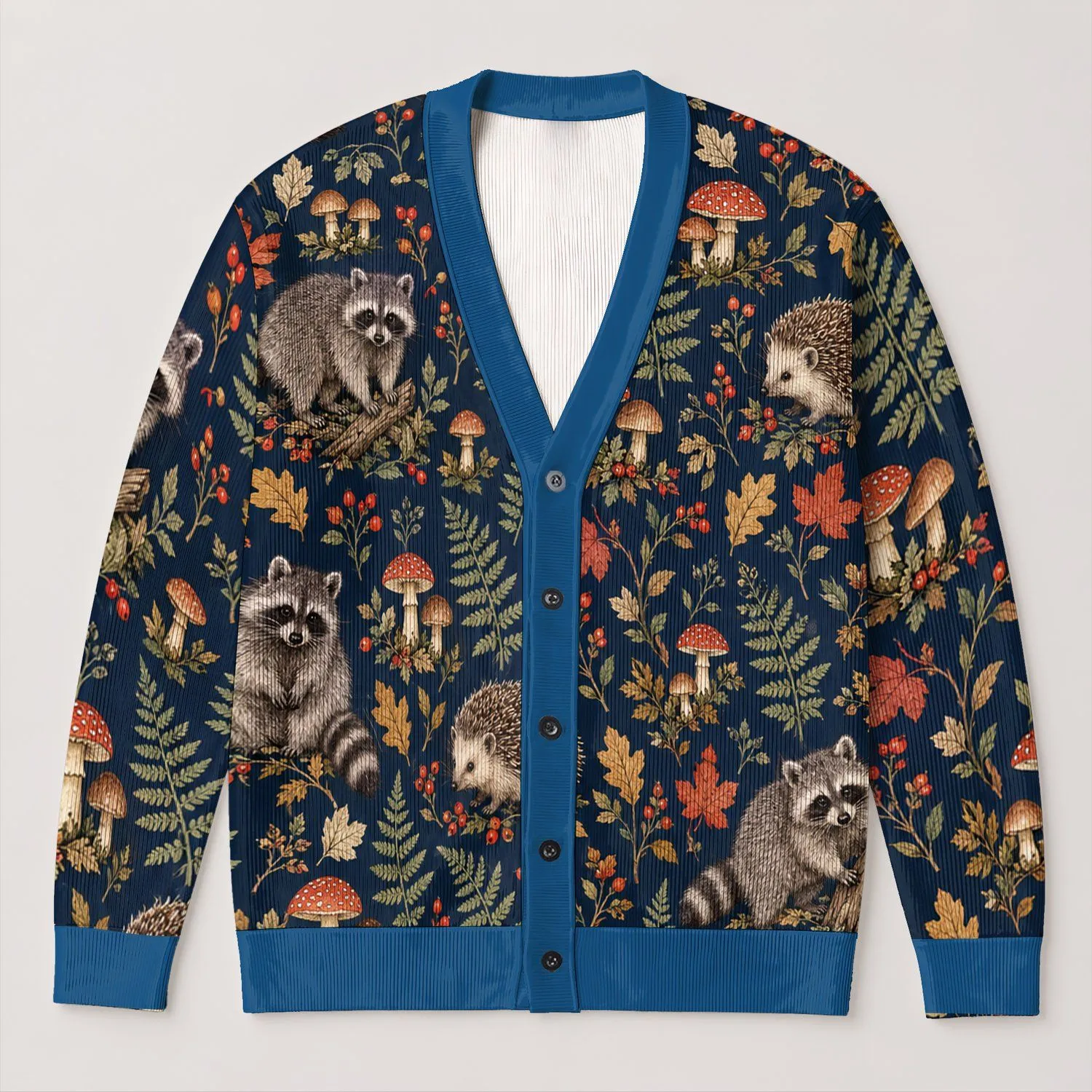 Raccoon Hedgehog Mushroom Woodland Animals For Cozy Autumn Nature Lovers All-over Print Knitted Cardigan - 1