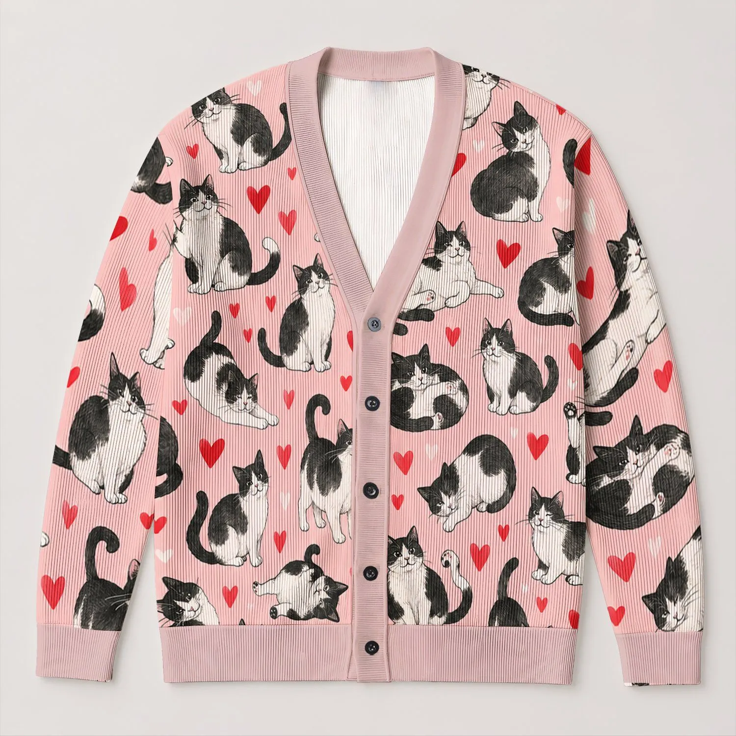 Black And White Cat Hearts For Cozy Spring Layering, Cute Everyday Gift For Cat Lovers All-over Print Knitted Cardigan - 1