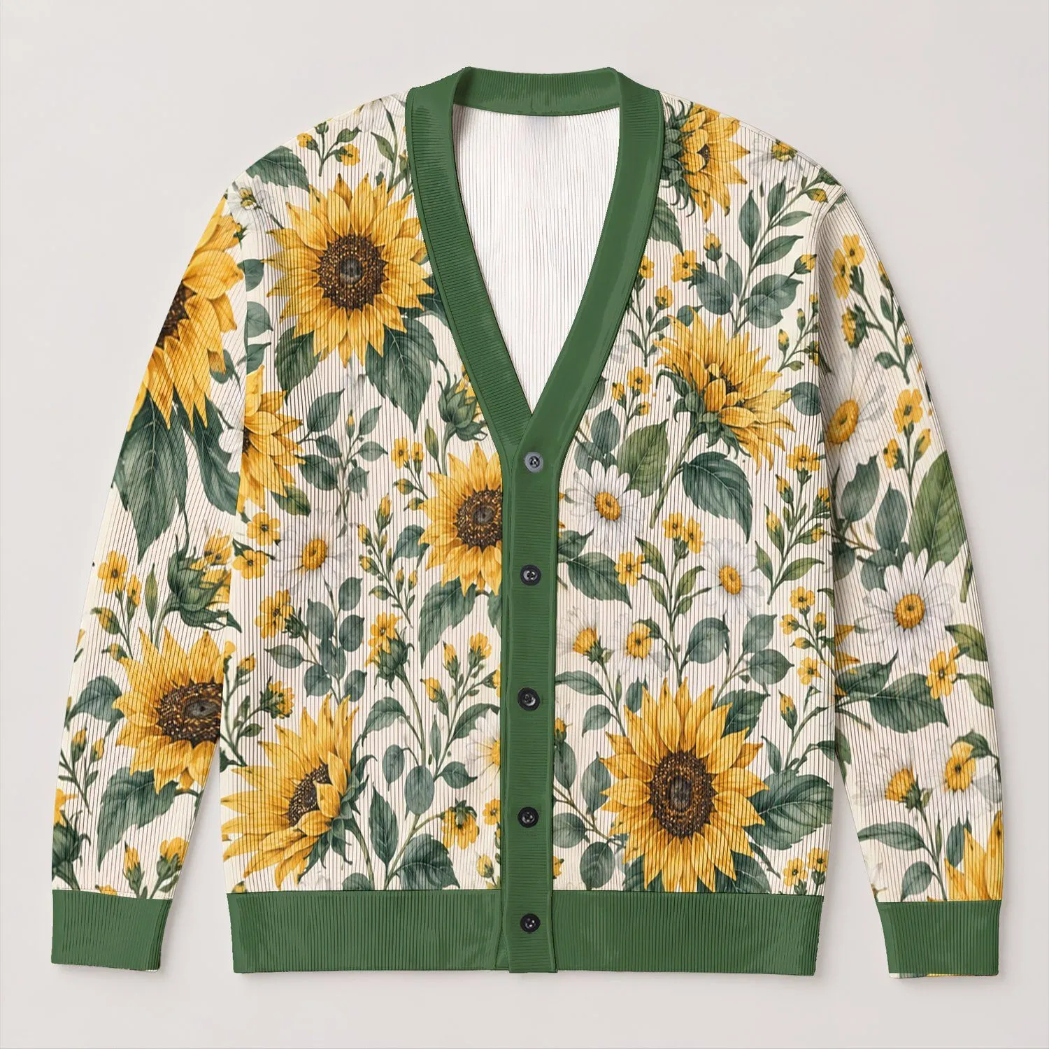 Sunflower Daisy Garden for Casual Vacation Layering, Women and Plus Size Everyday Style All-over Print Knitted Cardigan - 1