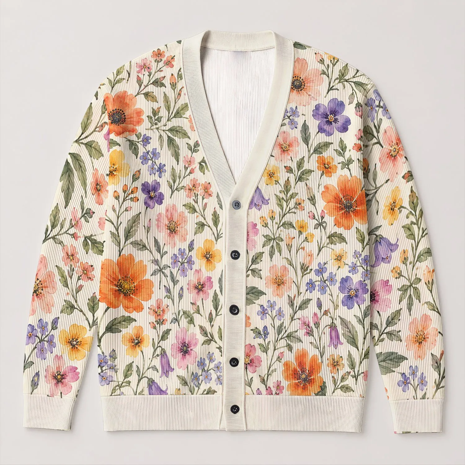 Watercolor Wildflower Blooms for Festive Everyday Layering, Women's Floral Wardrobe All-over Print Knitted Cardigan - 1