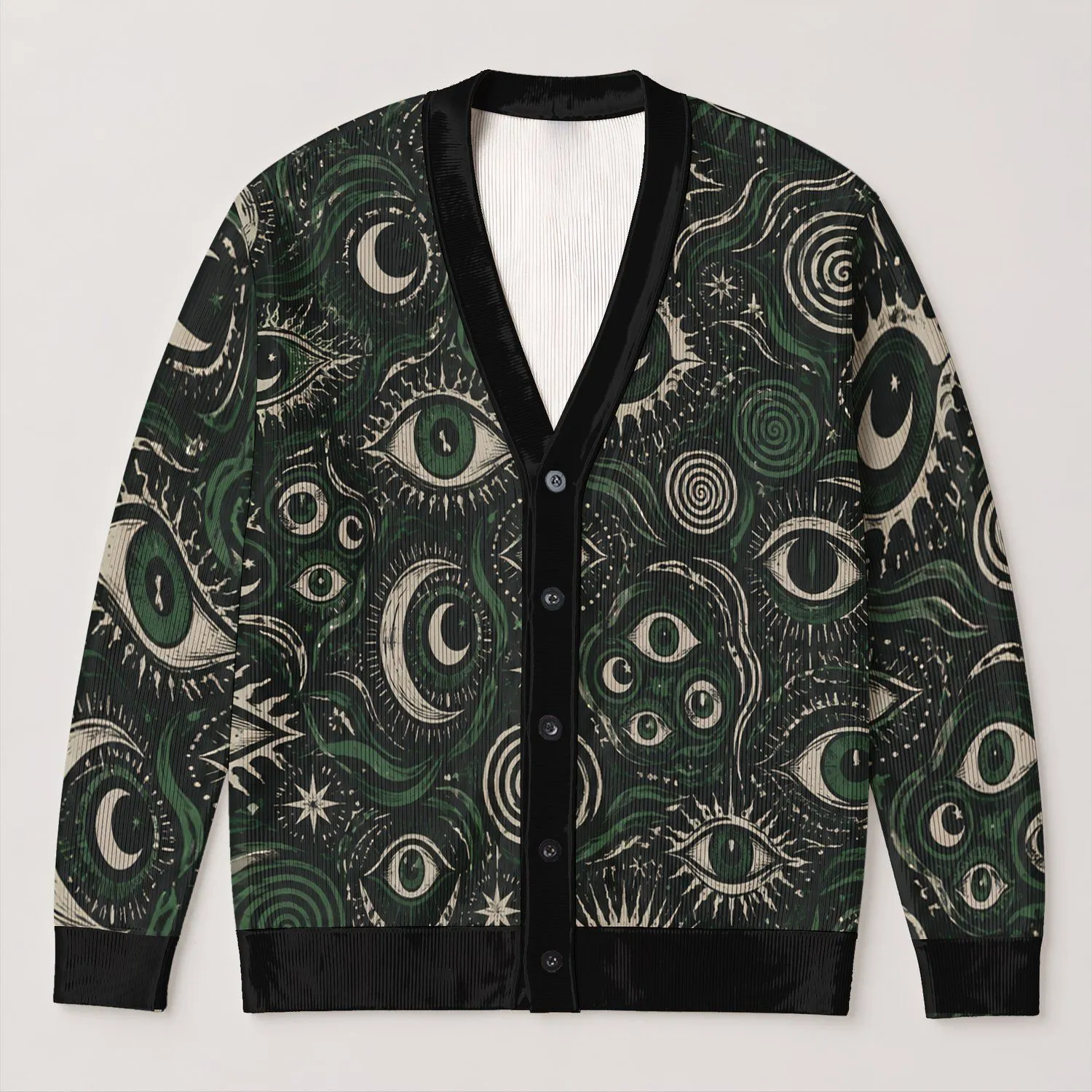 Green Spiral Eye Motifs for Mystical Autumn Layering, Women's Bohemian Style Wear All-over Print Knitted Cardigan - 1