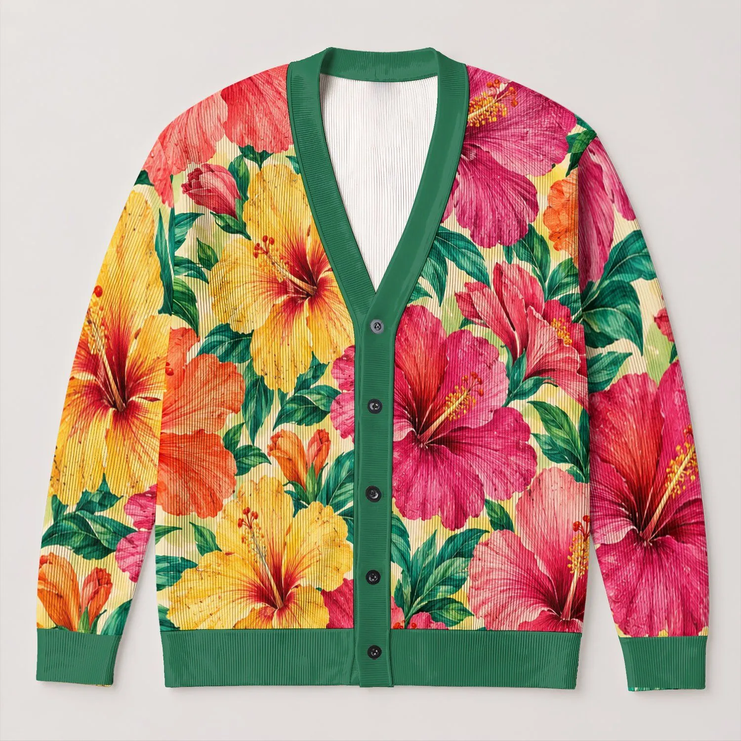 Tropical Hibiscus Blooms in Pink and Yellow for Bright Spring Summer Layering Style All-over Print Knitted Cardigan - 1