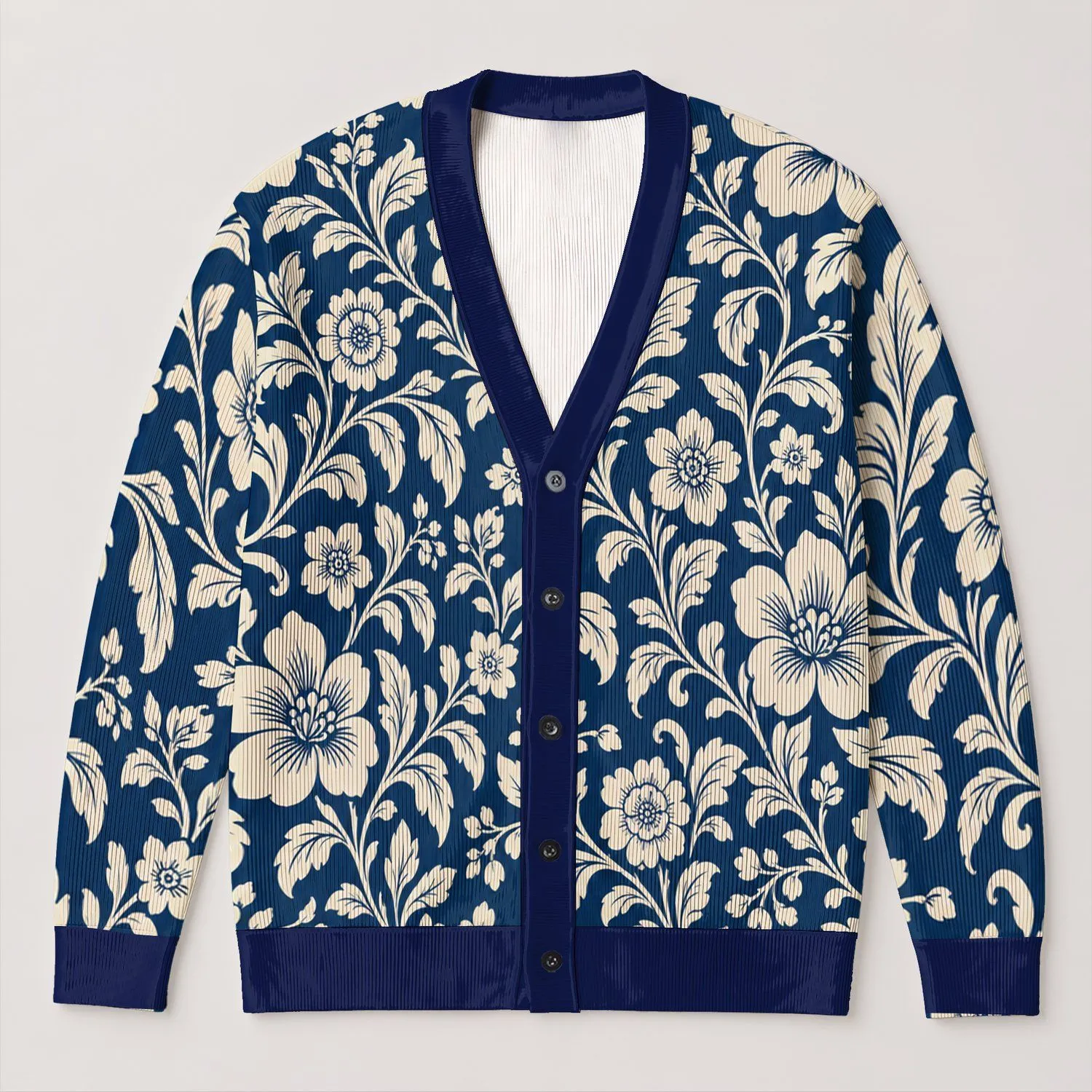 Navy Cream Botanical Blooms For Everyday Layering, Office Chic, And Weekend Wear Women All-over Print Knitted Cardigan - 1