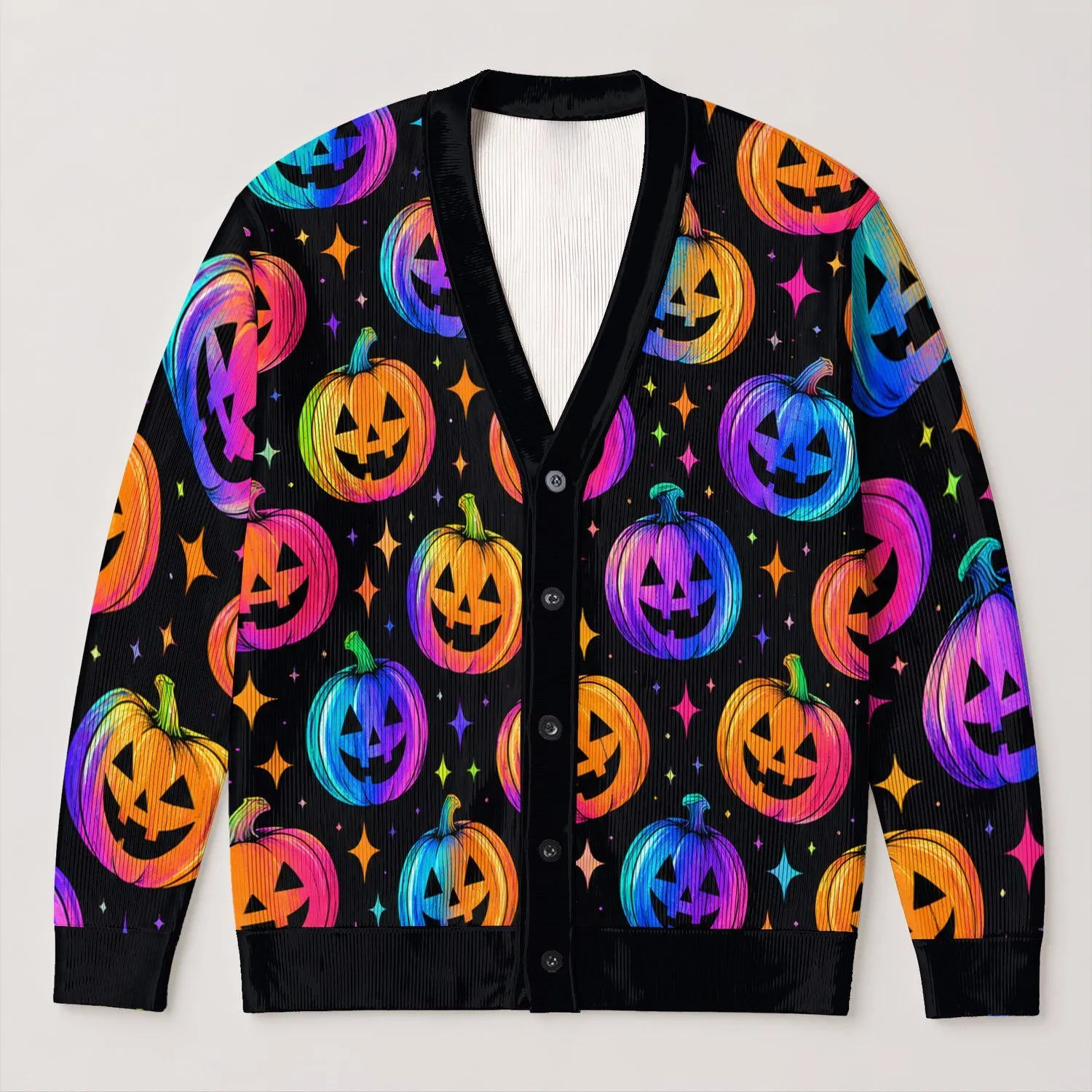 Neon Pumpkin Faces For Halloween Parties And Autumn Outings, Women’s Seasonal Style All-over Print Knitted Cardigan - 1
