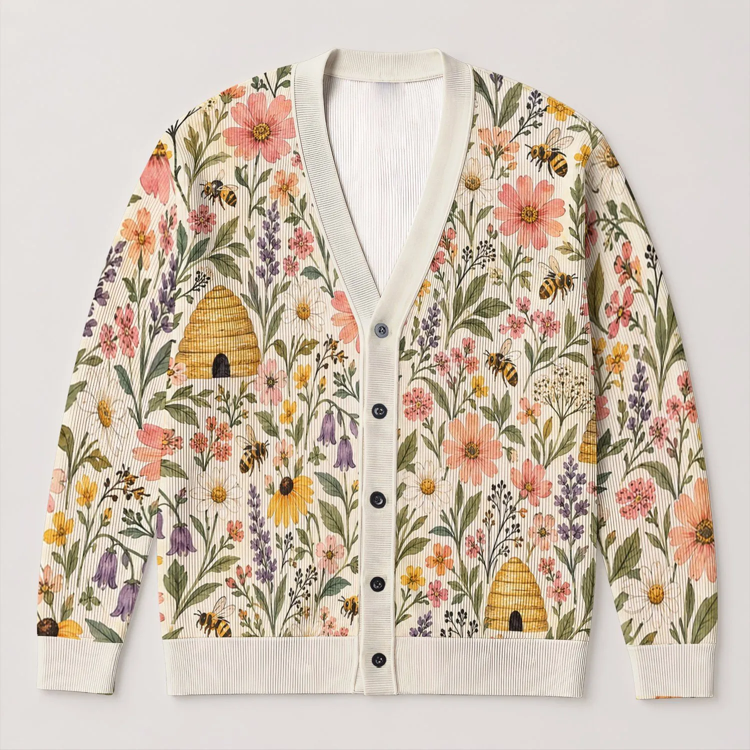 Floral Bees And Honey Hives For Spring Garden Days And Relaxed Vacation Getaways All-over Print Knitted Cardigan - 1