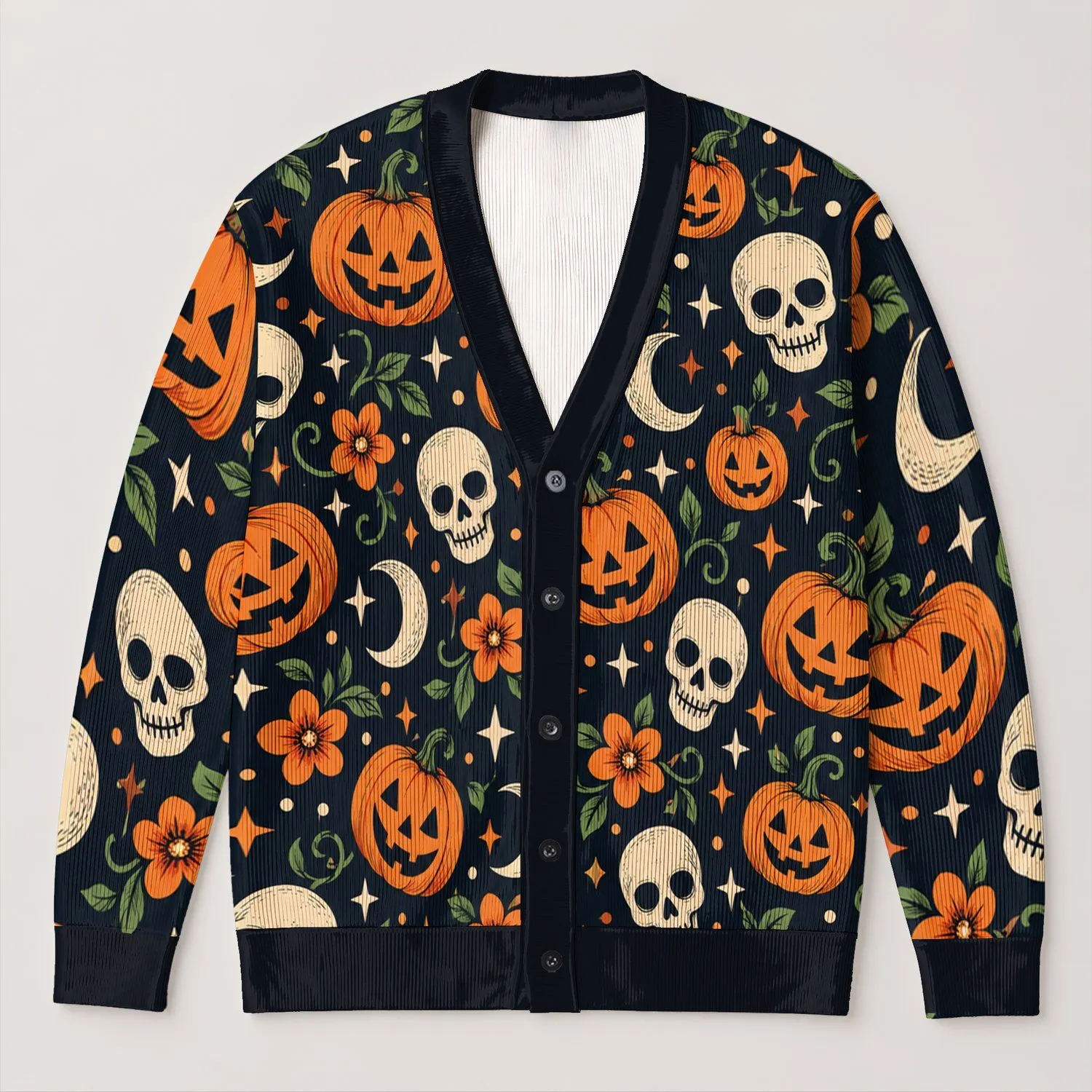 Vintage Pumpkin Skull Autumn Halloween Layering For Women, Vacation And Date Night All-over Print Knitted Cardigan - 1