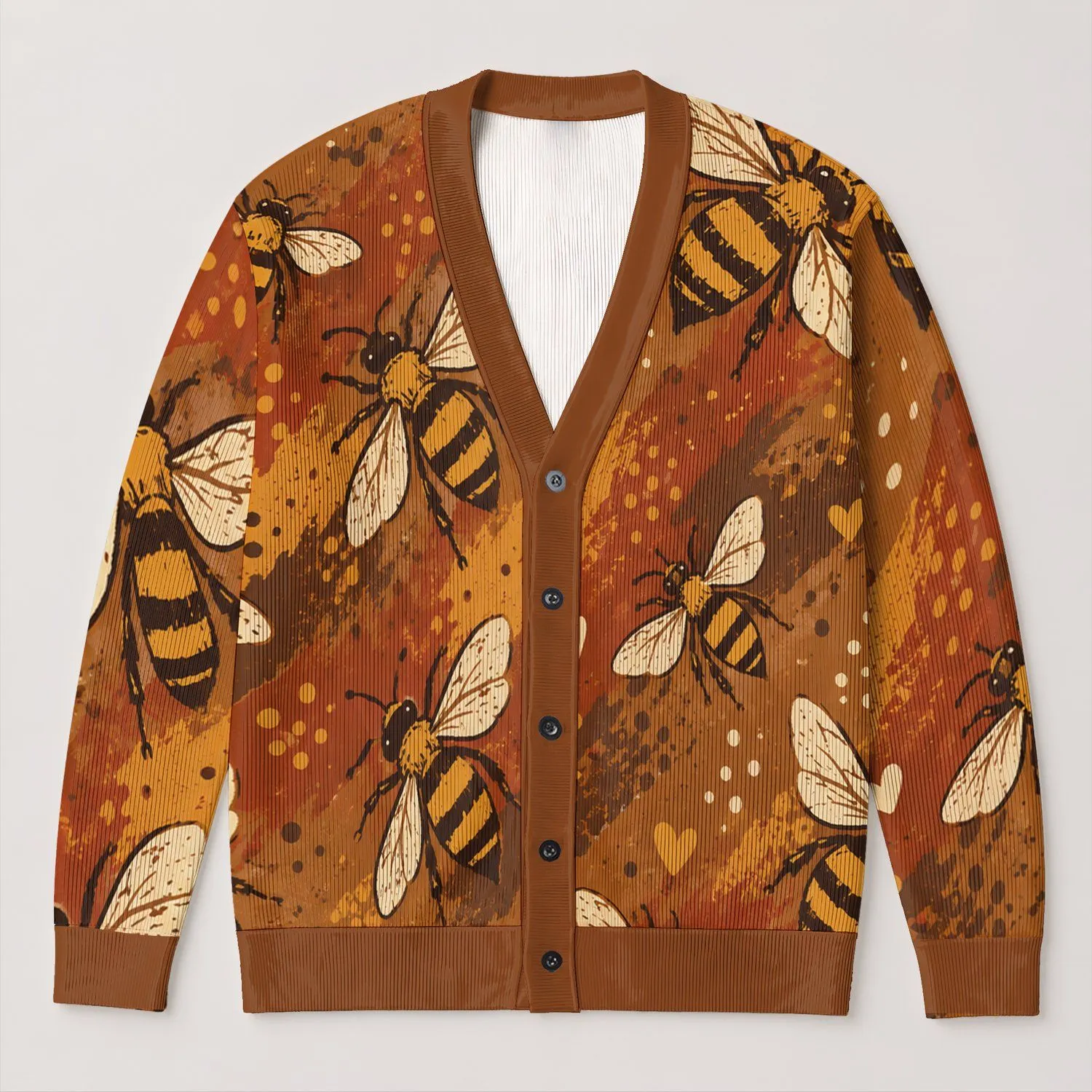 Blocky Honey Bee Motifs for Autumn Layering, Vacation Days, and Women's Casual Style All-over Print Knitted Cardigan - 1