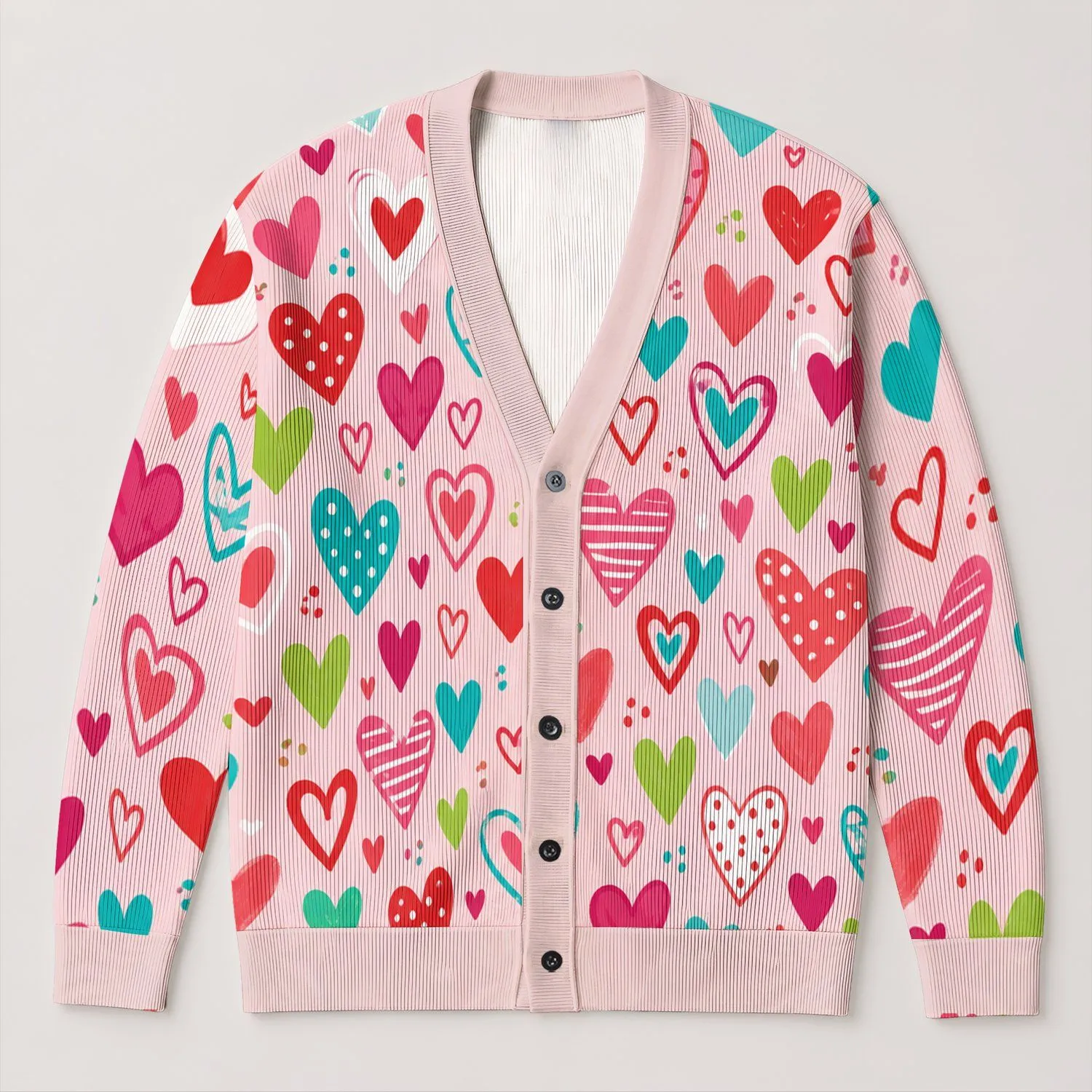 Colorful Heart Motifs for Romantic Spring Layering and Cheerful Everyday Weekend Style All-over Print Knitted Cardigan - 1
