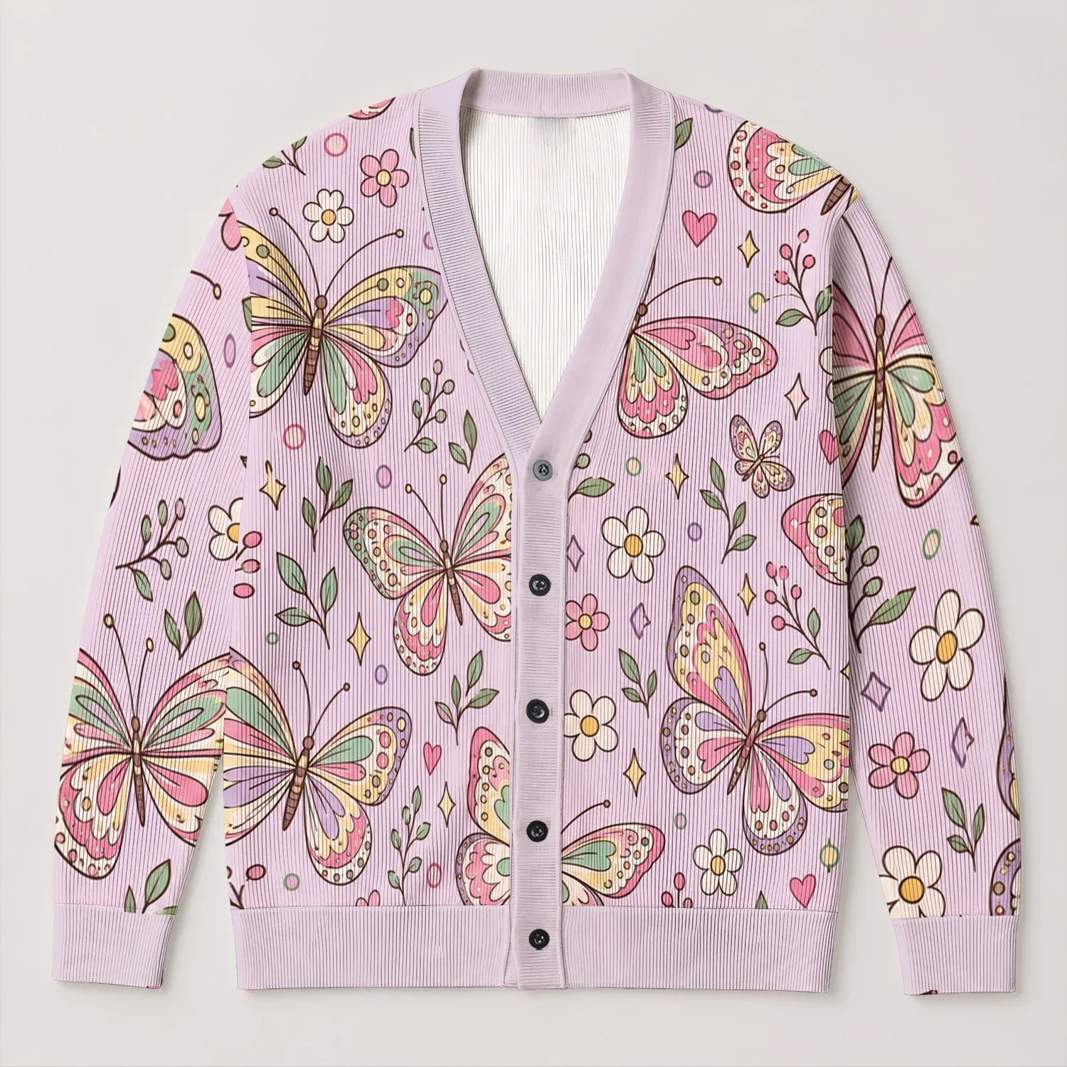 Pastel Butterfly Floral Motifs for Spring Layering and Travel, Women's Casual Style All-over Print Knitted Cardigan - 1