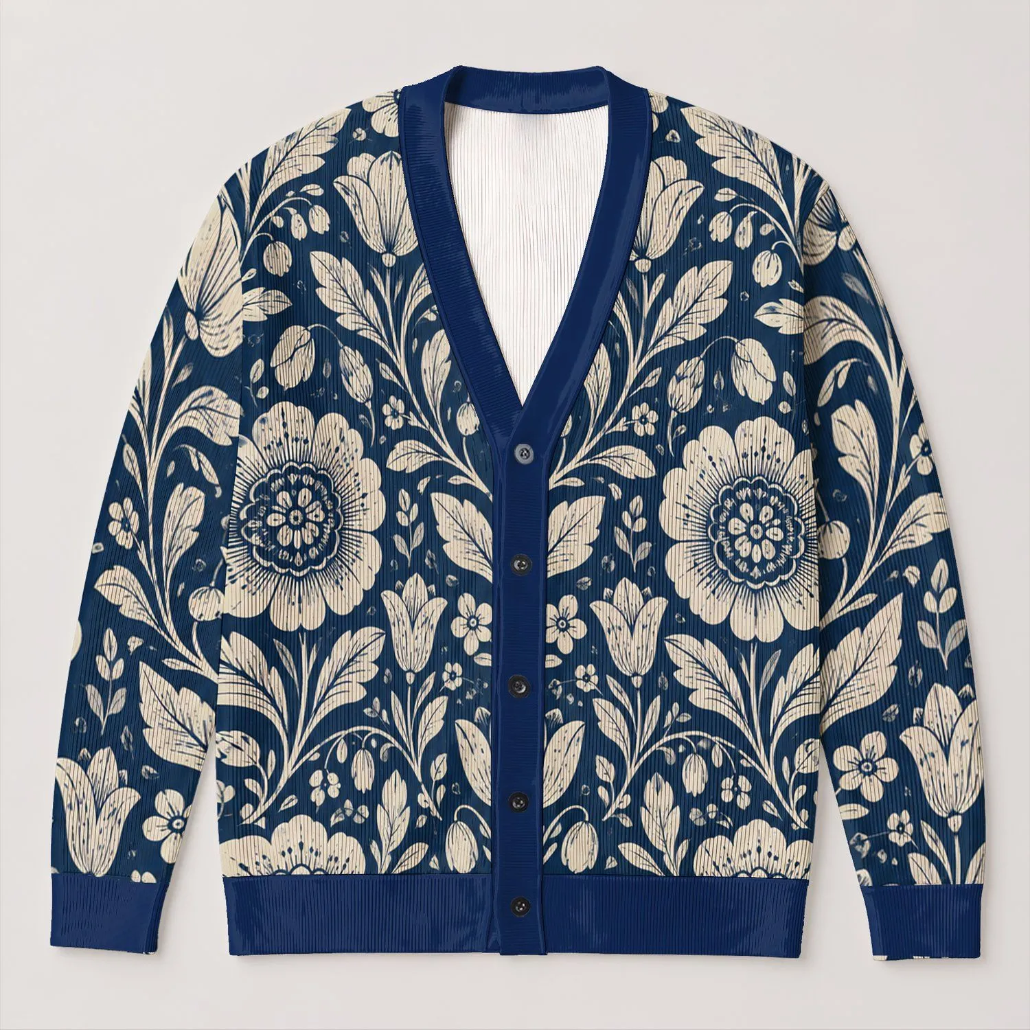 Navy And Cream Floral Motifs For Polished Spring Layering, Everyday Women's Style All-over Print Knitted Cardigan - 1