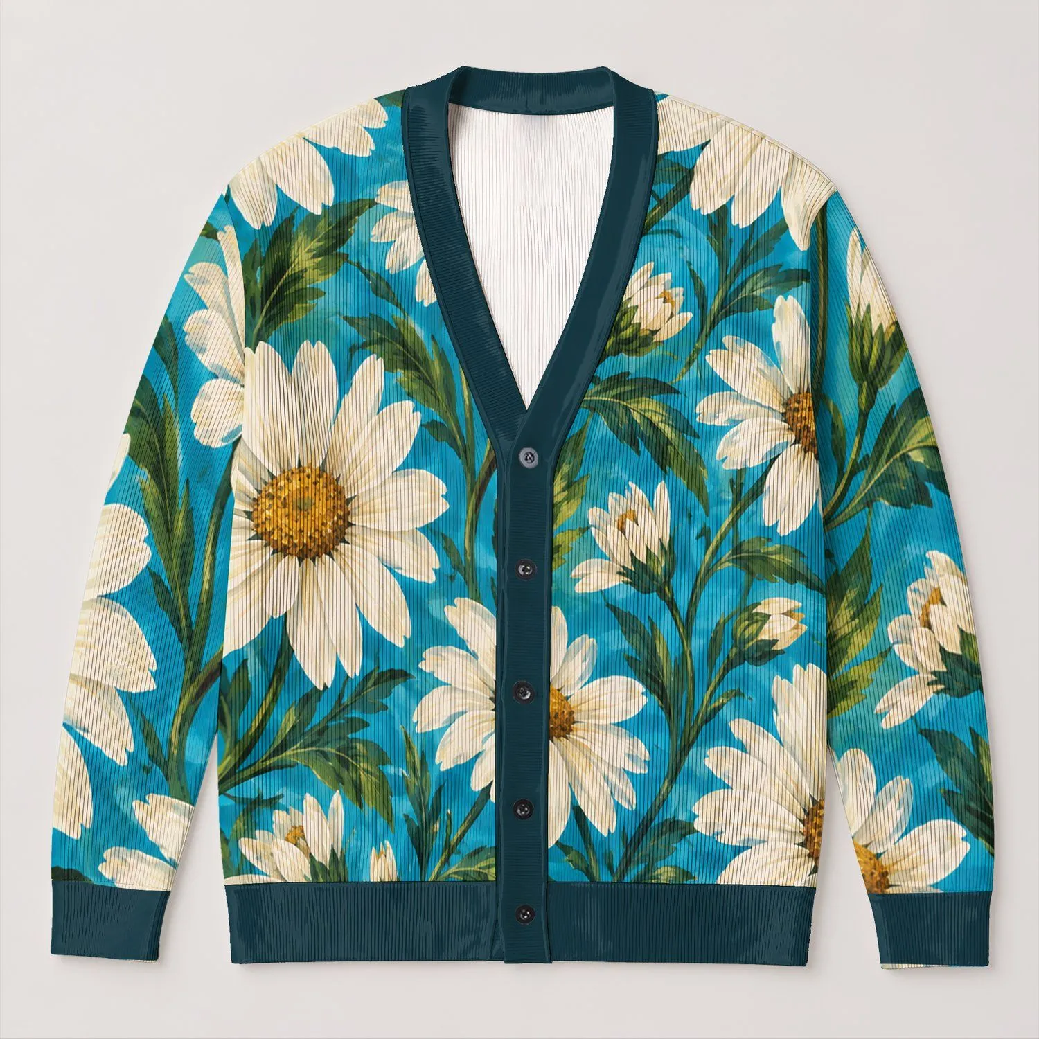 Blue Sky Daisy Blossoms for Casual Vacation Layering, Women's Autumn And Winter Style All-over Print Knitted Cardigan - 1