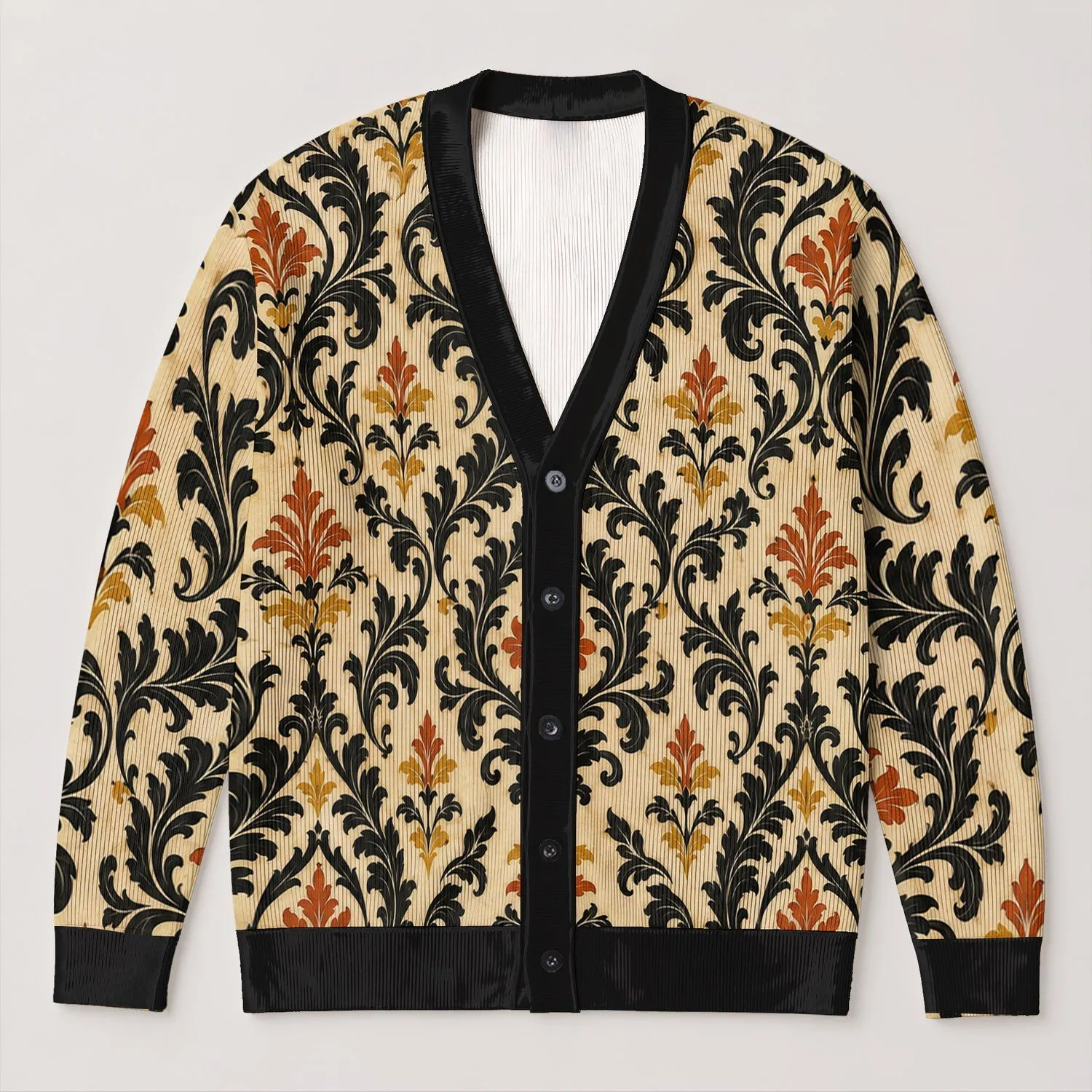 Black Damask Motif Vintage Style for Elegant Autumn Vacation and Date Night Wear All-over Print Knitted Cardigan - 1