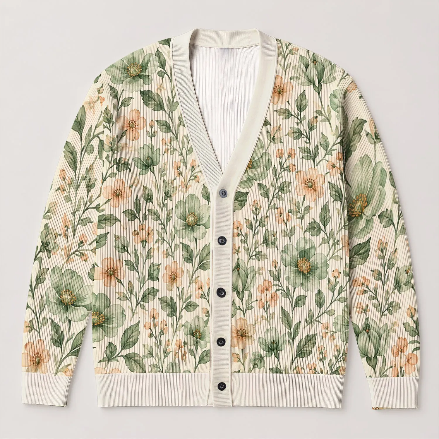 Sage Green Wildflower Botanical Florals For Everyday Layering And Spring Gift Style All-over Print Knitted Cardigan - 1