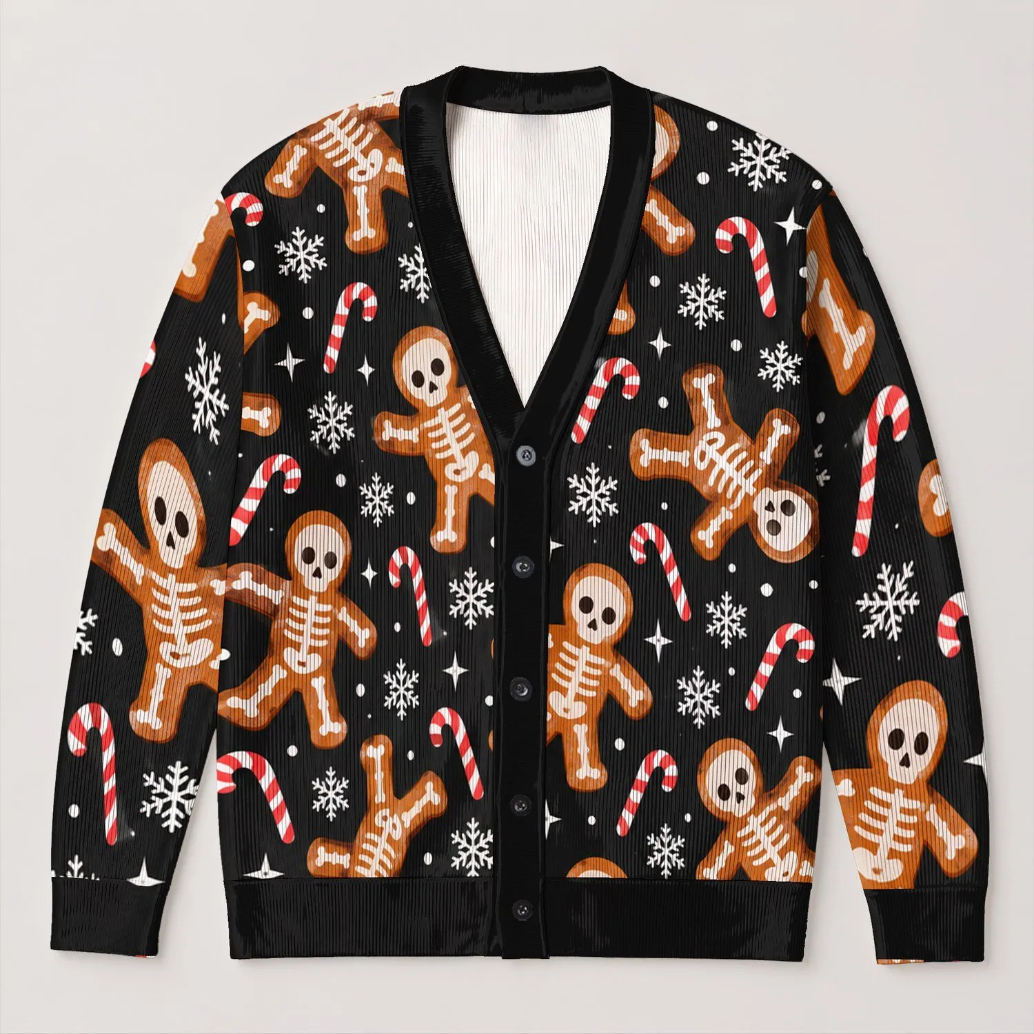 Gingerbread Skeletons and Candy Canes for Halloween Holiday Layers, Women’s Style All-over Print Knitted Cardigan - 1