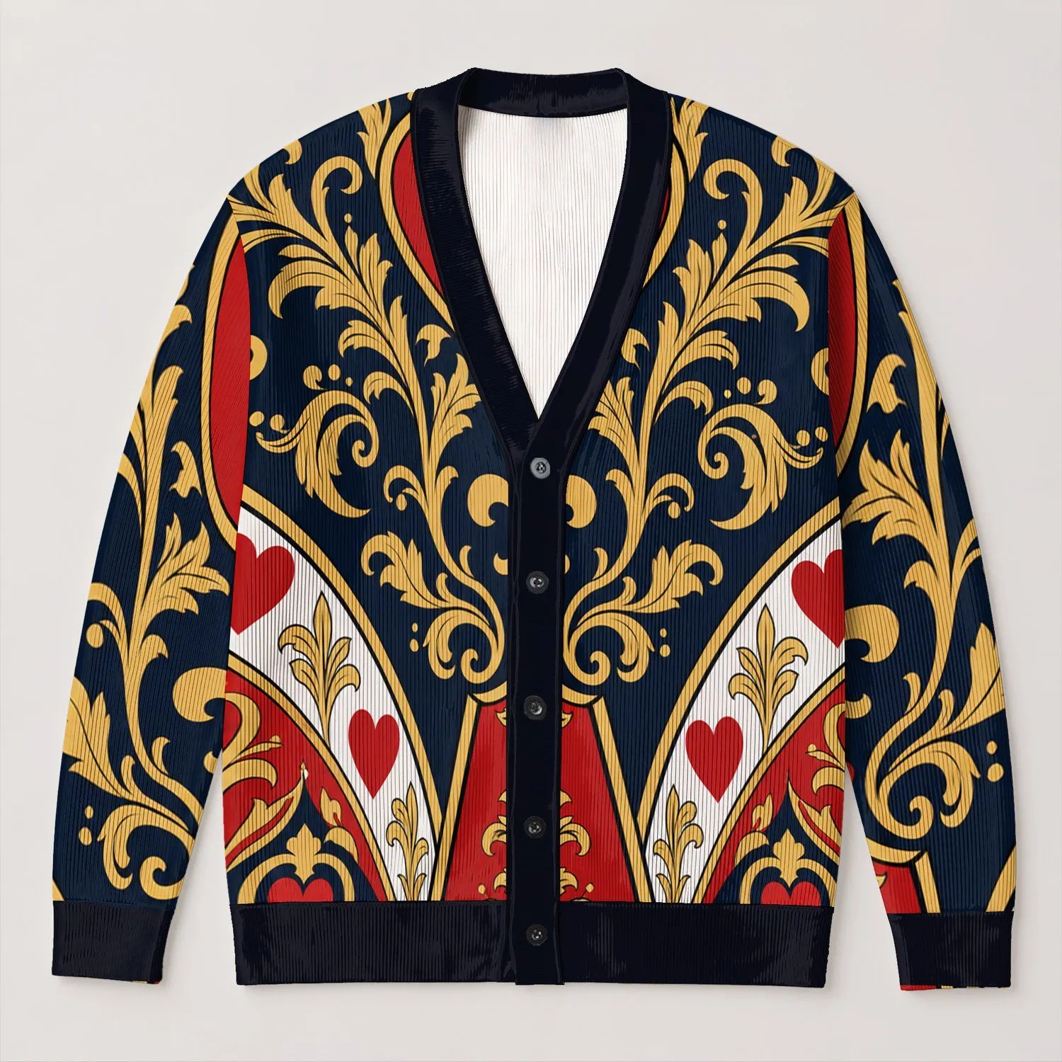 Queen of Hearts Playing Card Style for Halloween Cosplay and Wonderland Fan Gifts All-over Print Knitted Cardigan - 1