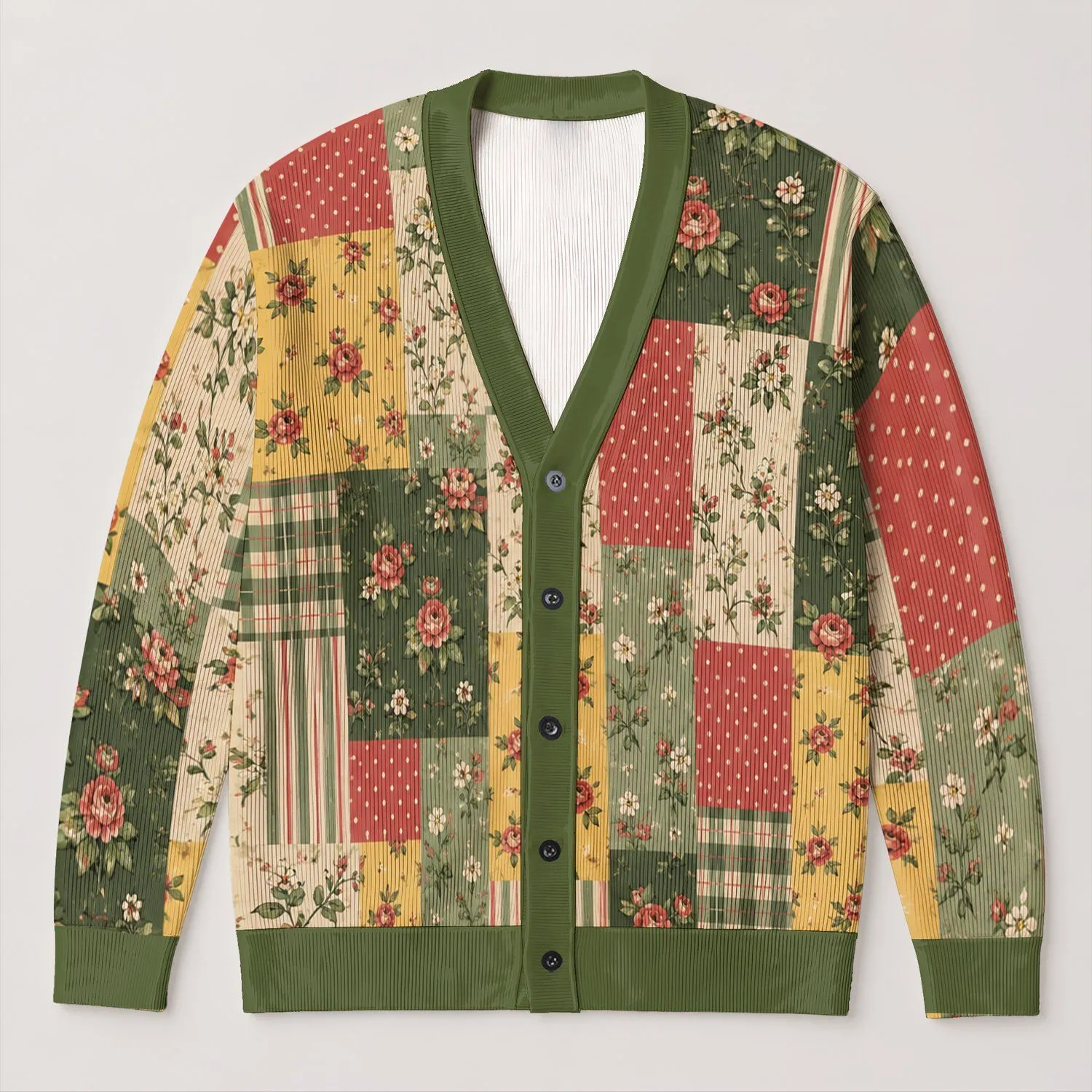 Vintage Floral Rose Patchwork And Plaid For Relaxed Spring Outings, Plus Size Style All-over Print Knitted Cardigan - 1