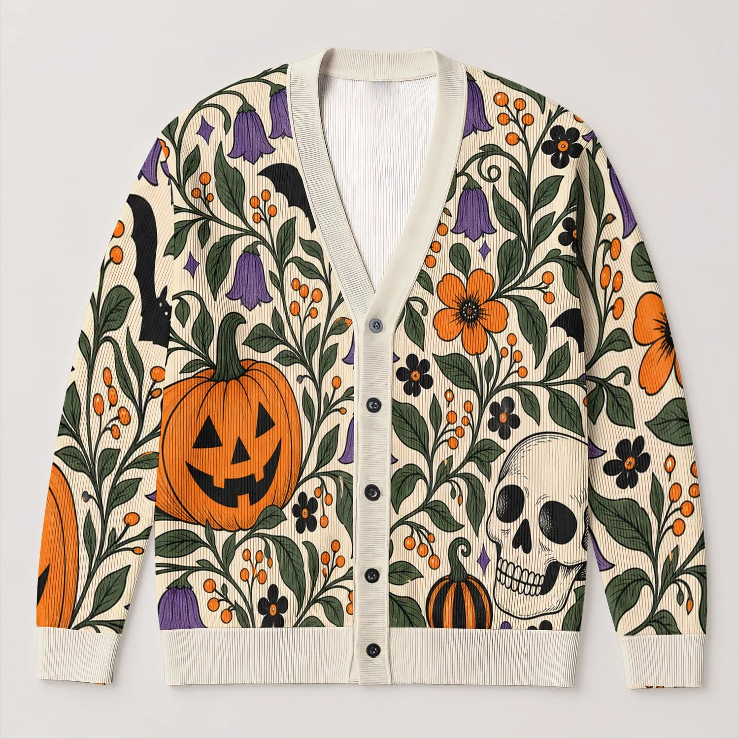 Pumpkin Skull Botanical Halloween Motifs For Autumn Outings And Cozy Vacation Style All-over Print Knitted Cardigan - 1