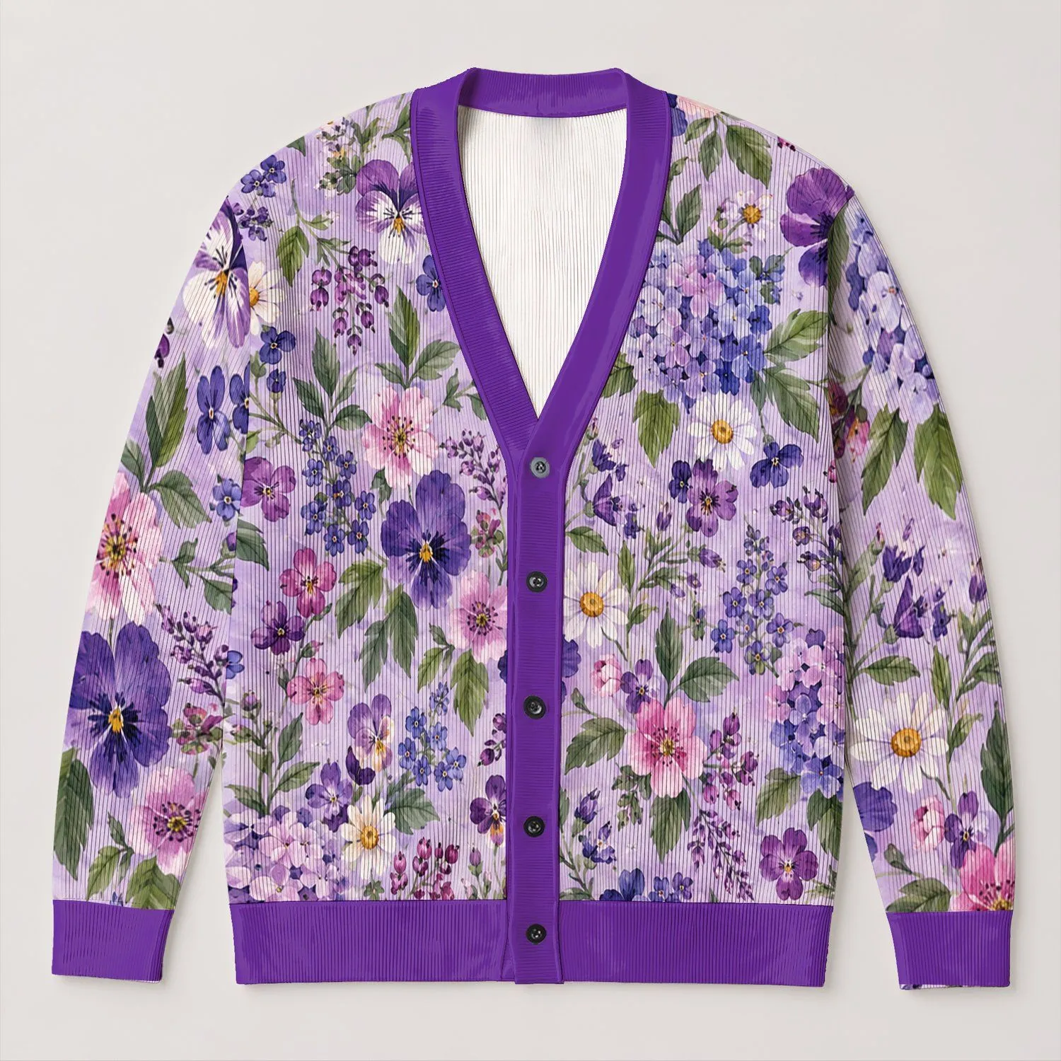 Lavender Purple Floral Garden For Elegant Autumn Outings And Romantic Getaways Women All-over Print Knitted Cardigan - 1