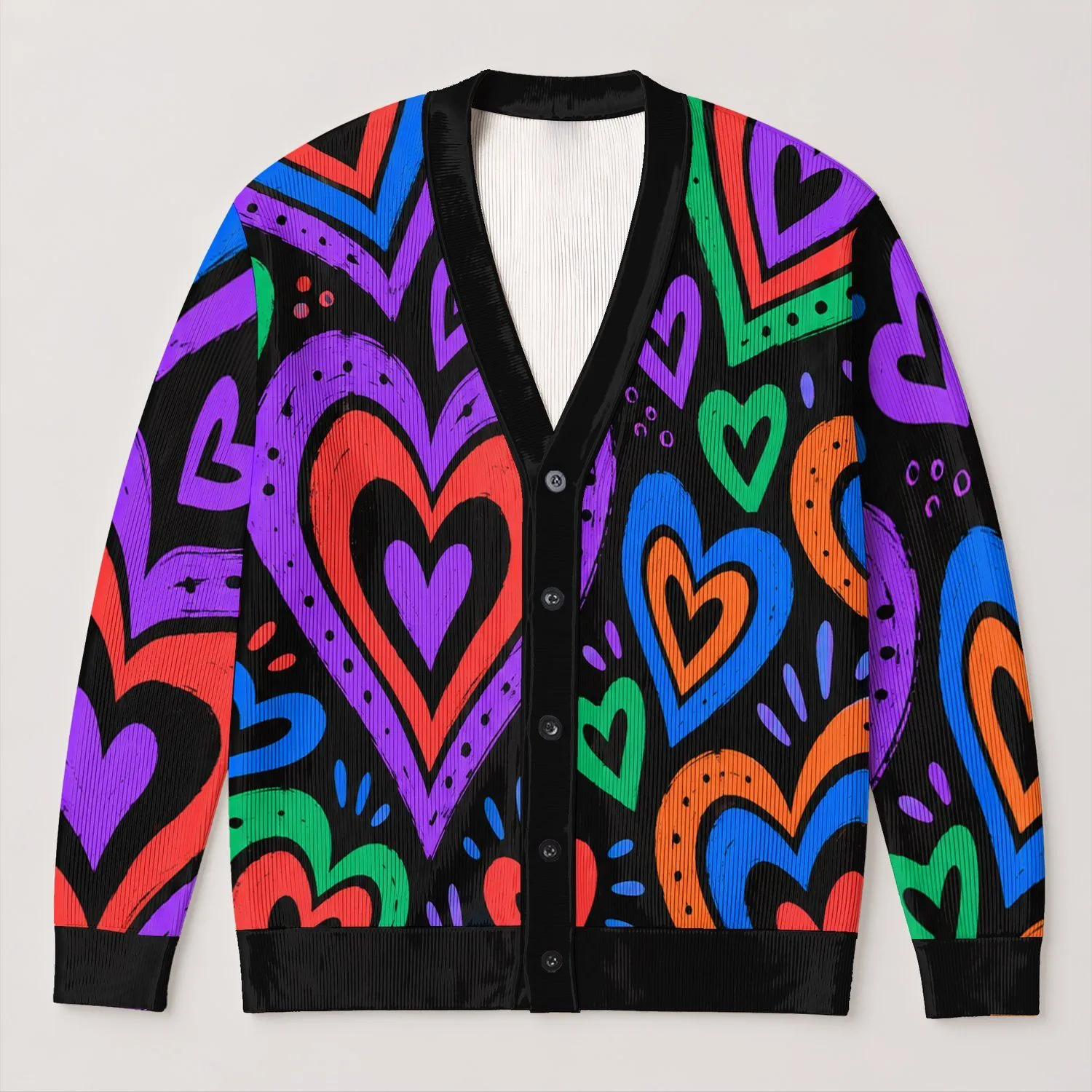 Multicolor Heart Motifs for Romantic Vacation Dates, Weekend Outings, and Everyday Layering All-over Print Knitted Cardigan - 1