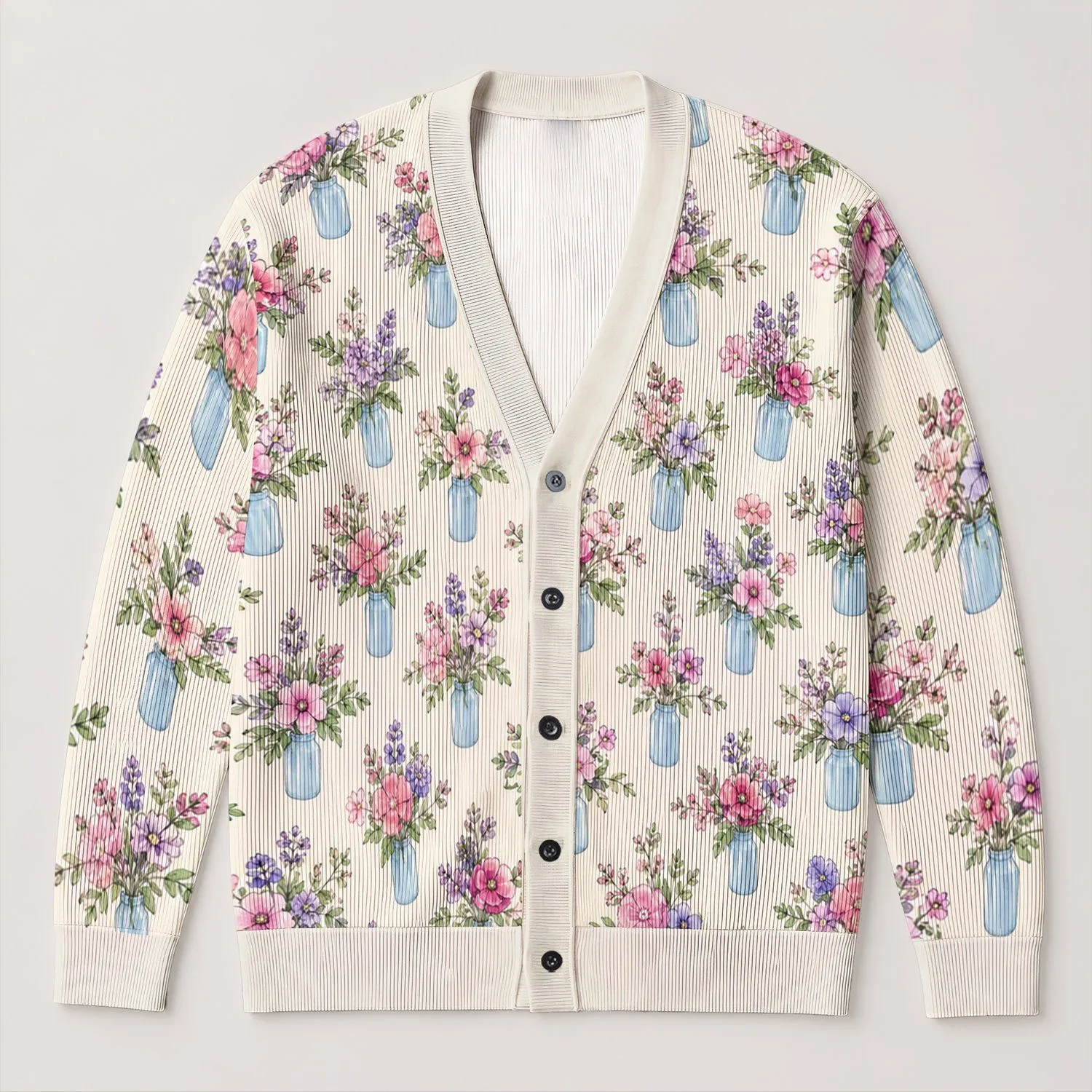 Pink And Purple Flowers In Blue Vases For Spring Layering, Vacation Style, And Dates All-over Print Knitted Cardigan - 1