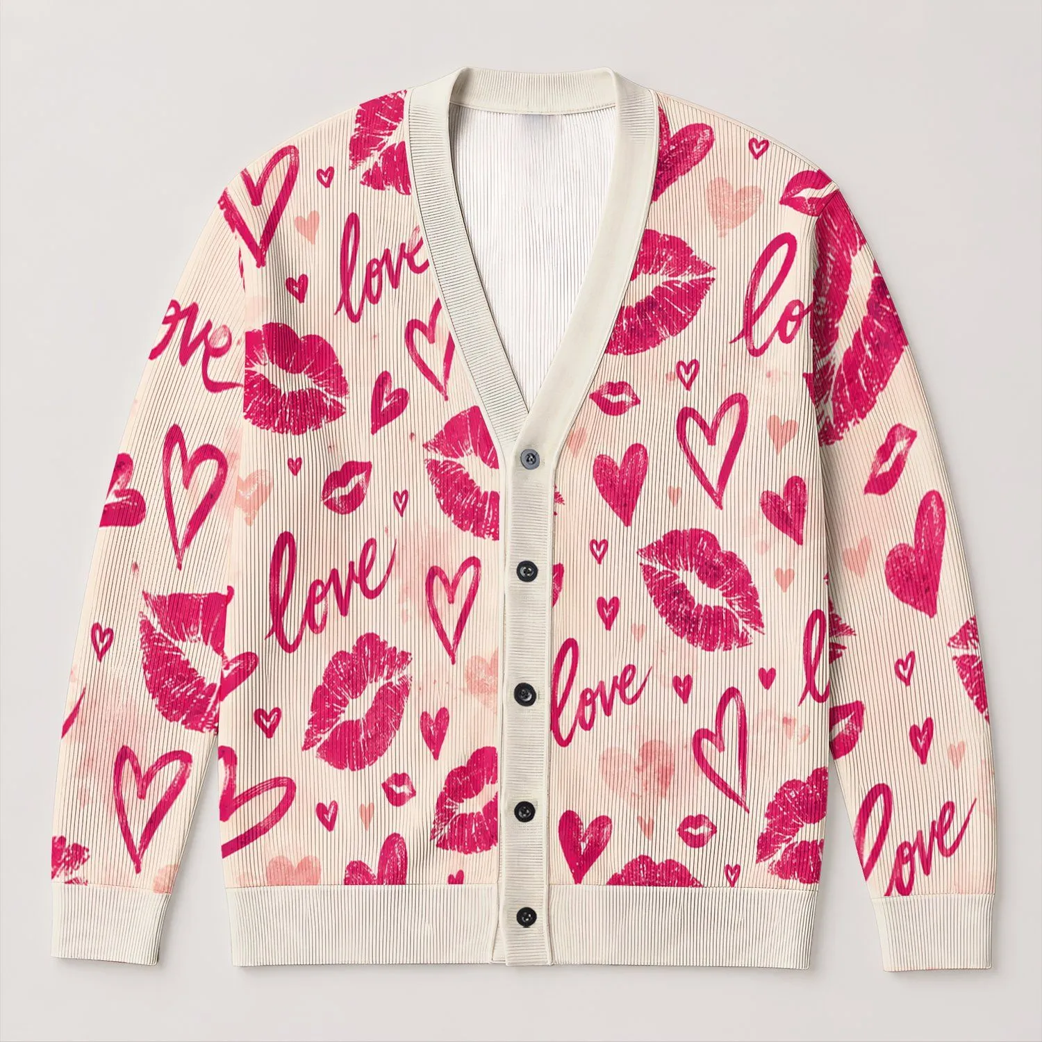 Romantic Lips And Heart Love Motifs For Date Nights And Getaways, Feminine Gift Idea All-over Print Knitted Cardigan - 1