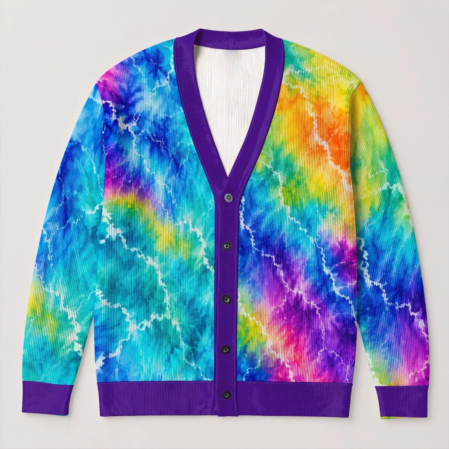 Rainbow Veined Color Waves for Casual Vacation Layering and Date Nights, Women's Style All-over Print Knitted Cardigan - 1
