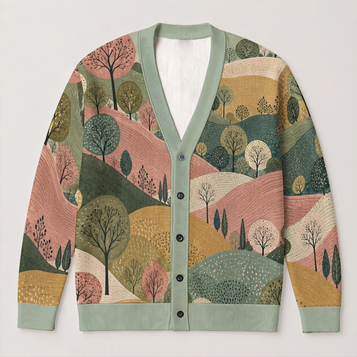 Layered Forest Hills for Autumn Outings and Vacation Style, Women’s Nature Wardrobe All-over Print Knitted Cardigan - 1
