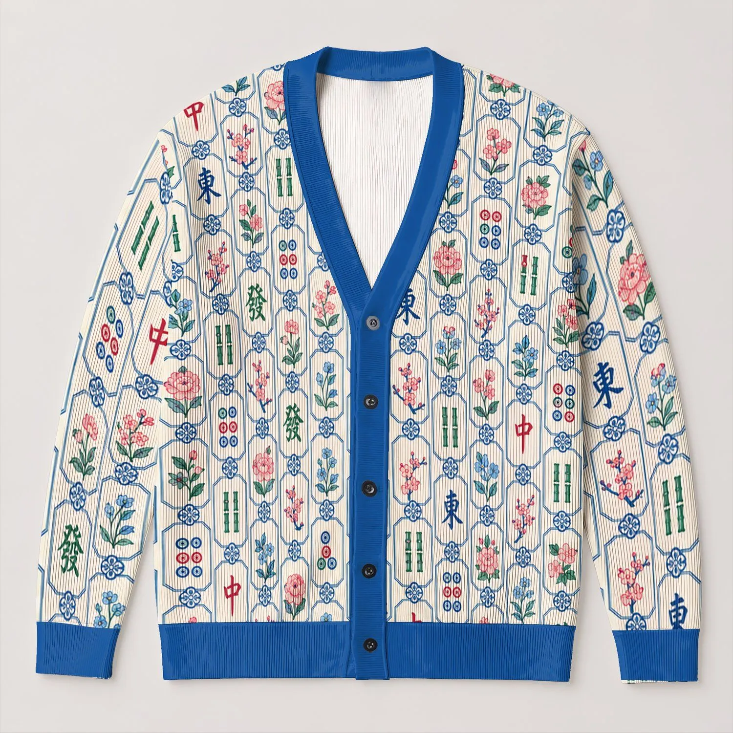 Mahjong Tile Florals for Game Night Gatherings and Chinoiserie Style Lovers Gift Idea All-over Print Knitted Cardigan - 1