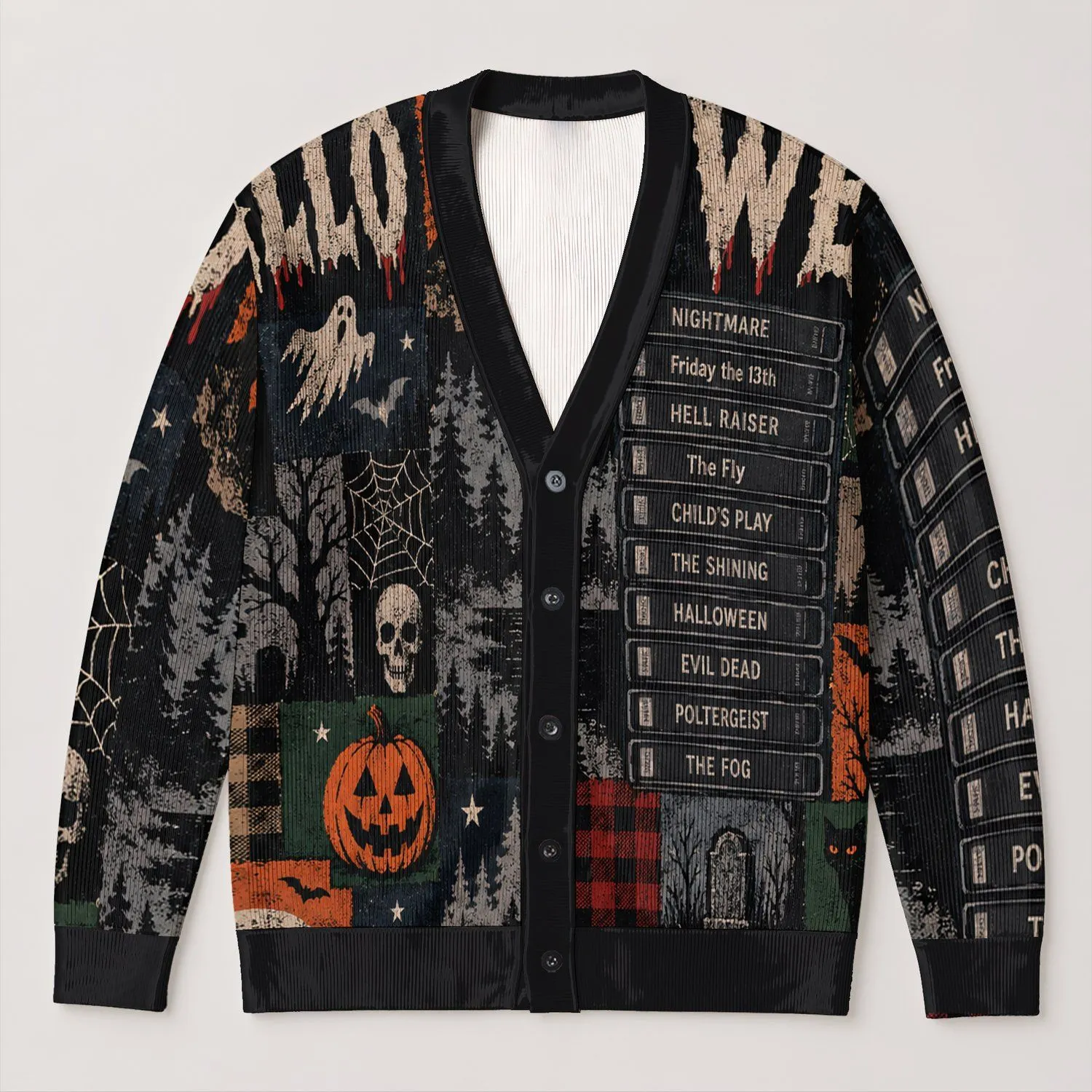 Vintage Horror VHS Tape Stack for Halloween Movie Nights and Retro Autumn Fans All-over Print Knitted Cardigan - 1
