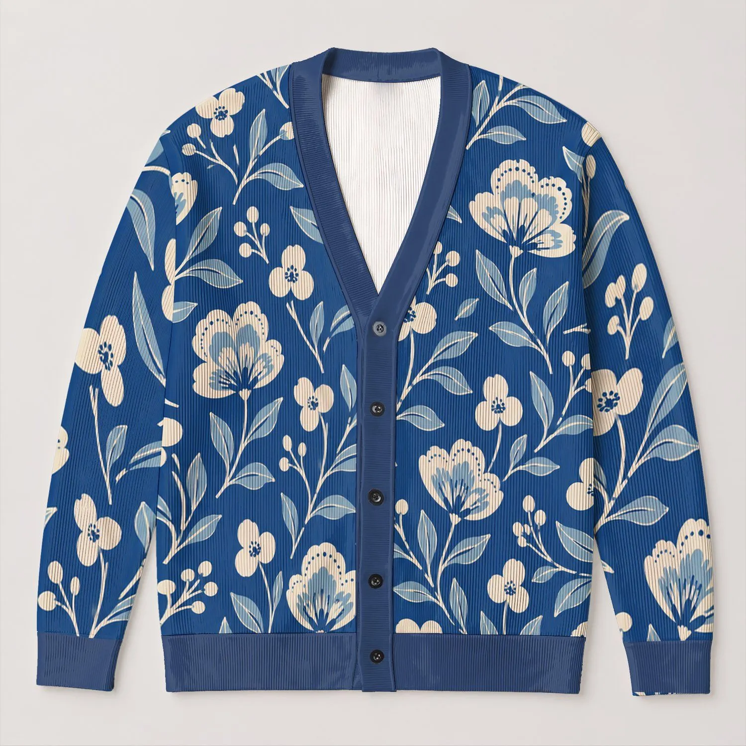 Blue Floral Botanical Blooms for Casual Layering and Everyday Garden-Inspired Women’s Style All-over Print Knitted Cardigan - 1