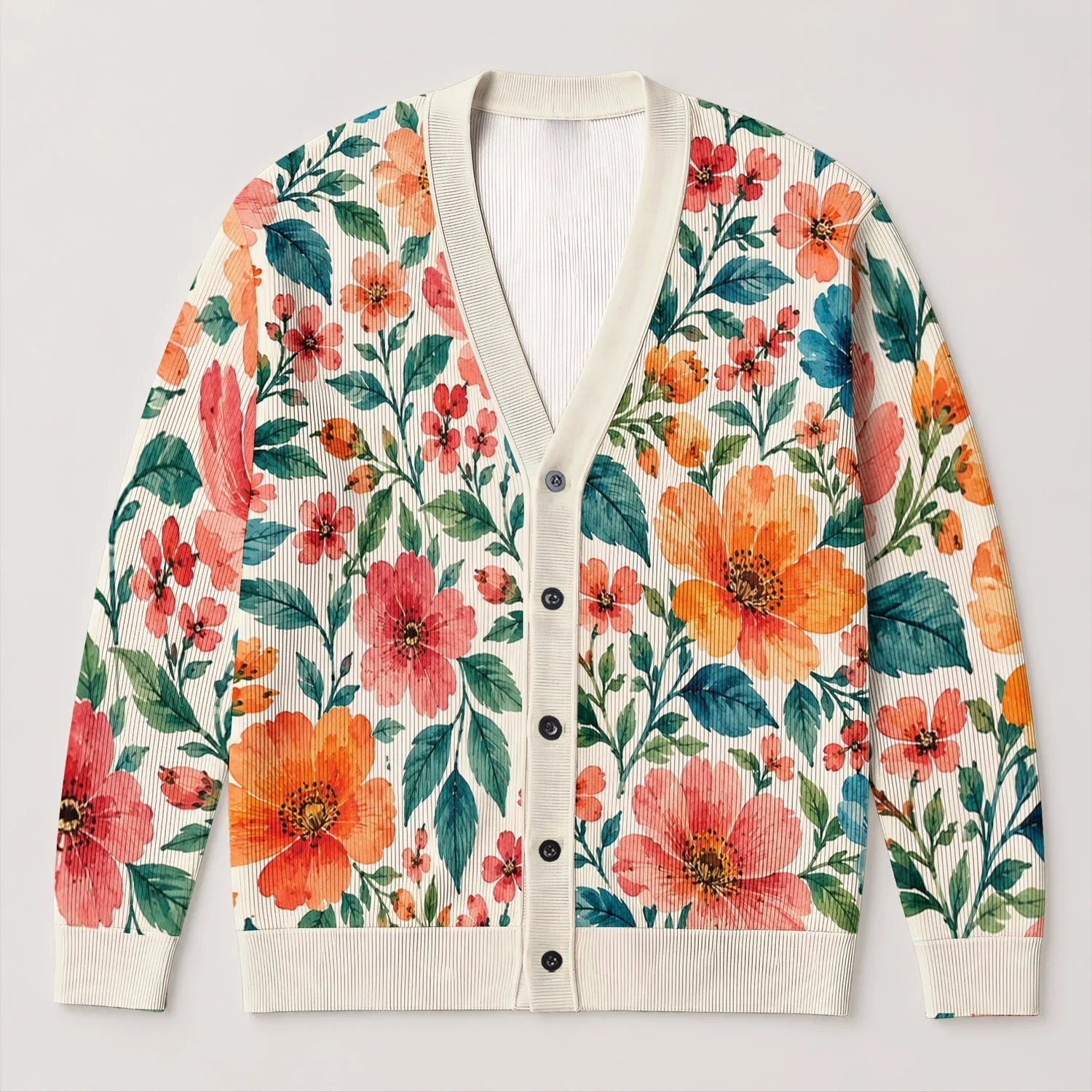 Vibrant Floral Blooms for Spring Vacation Layers and Everyday Style for Women Plus Size All-over Print Knitted Cardigan - 1