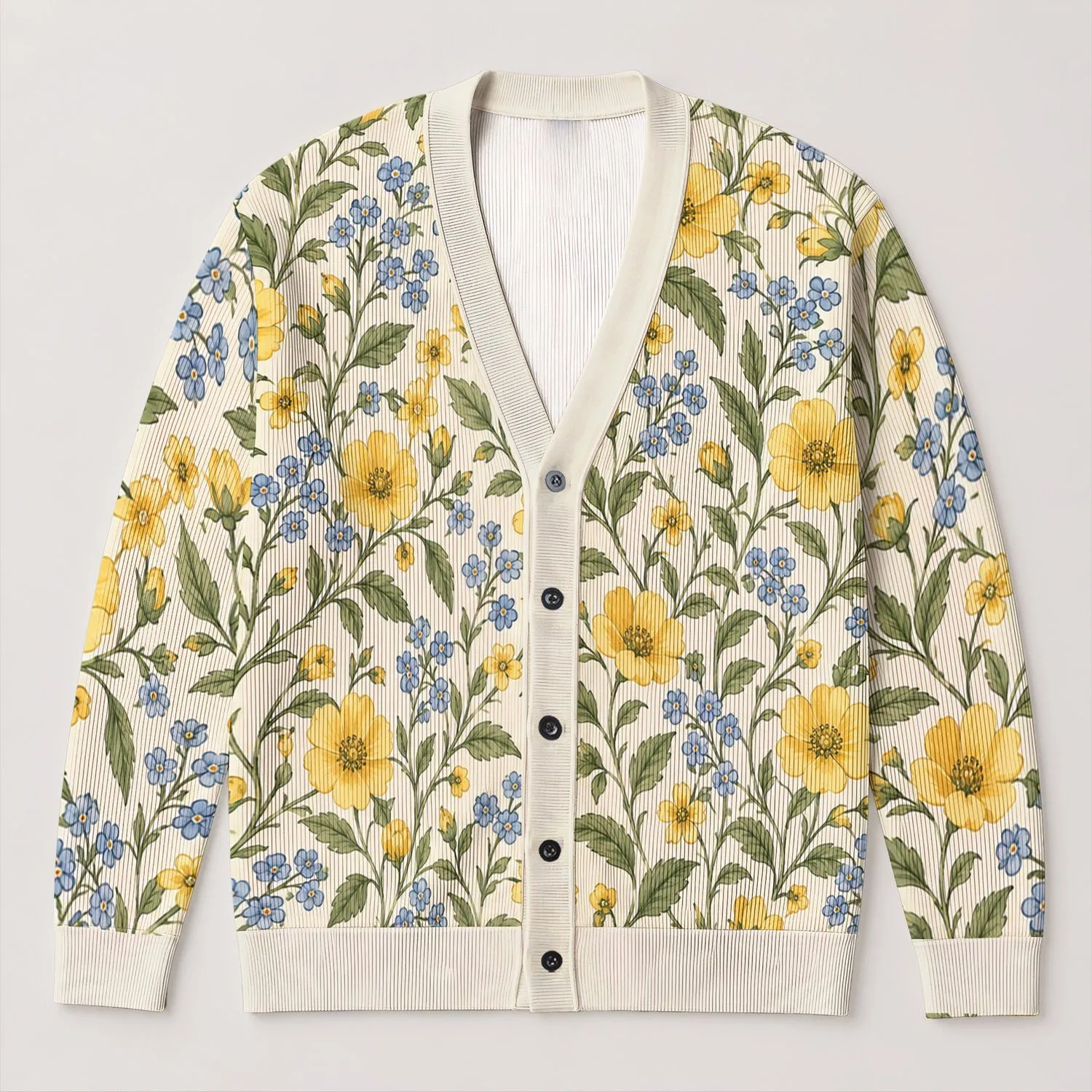 Yellow Blue Wildflower Vines For Spring Vacations And Casual Everyday Womens Style All-over Print Knitted Cardigan - 1
