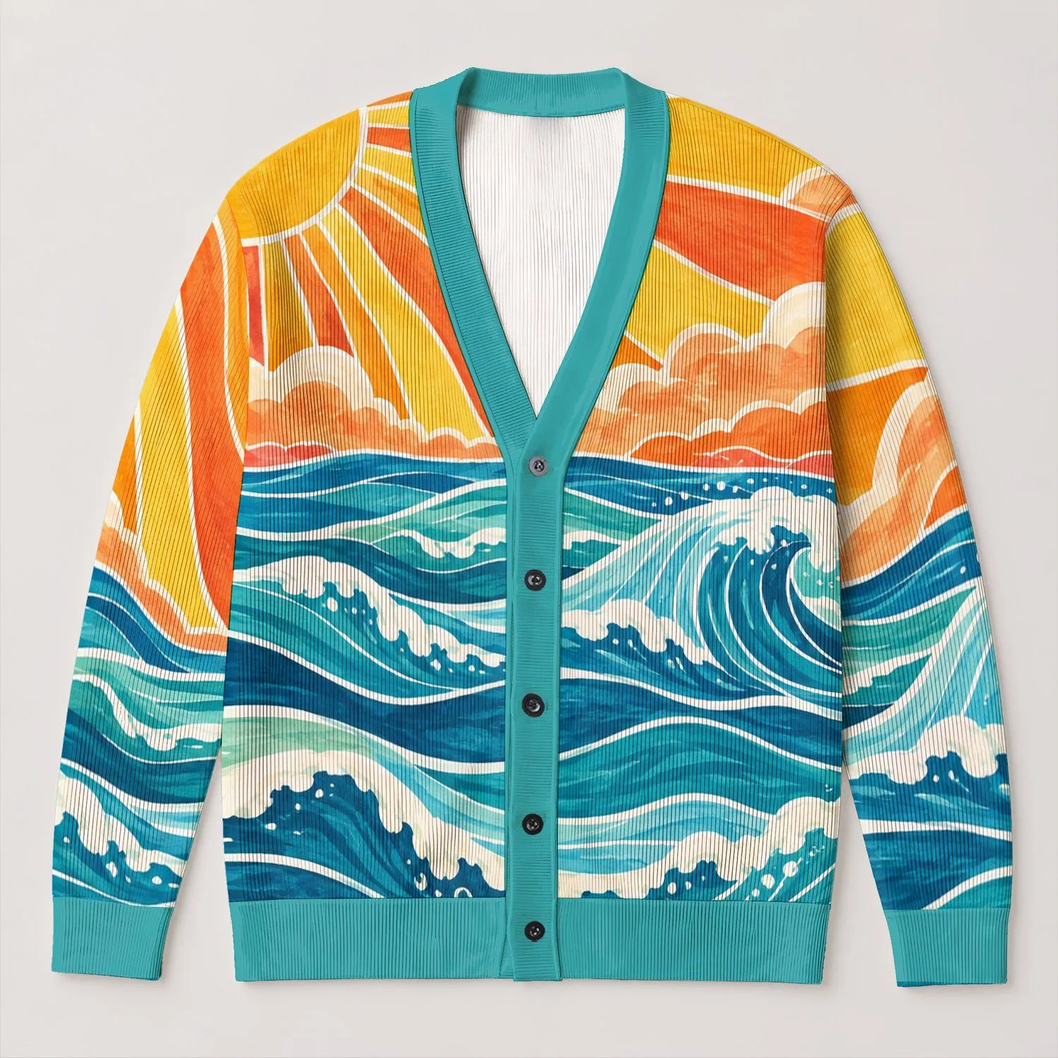 Ocean Sun Coastal Scene for Vacation Layering and Autumn Outings for Women By The Sea All-over Print Knitted Cardigan - 1