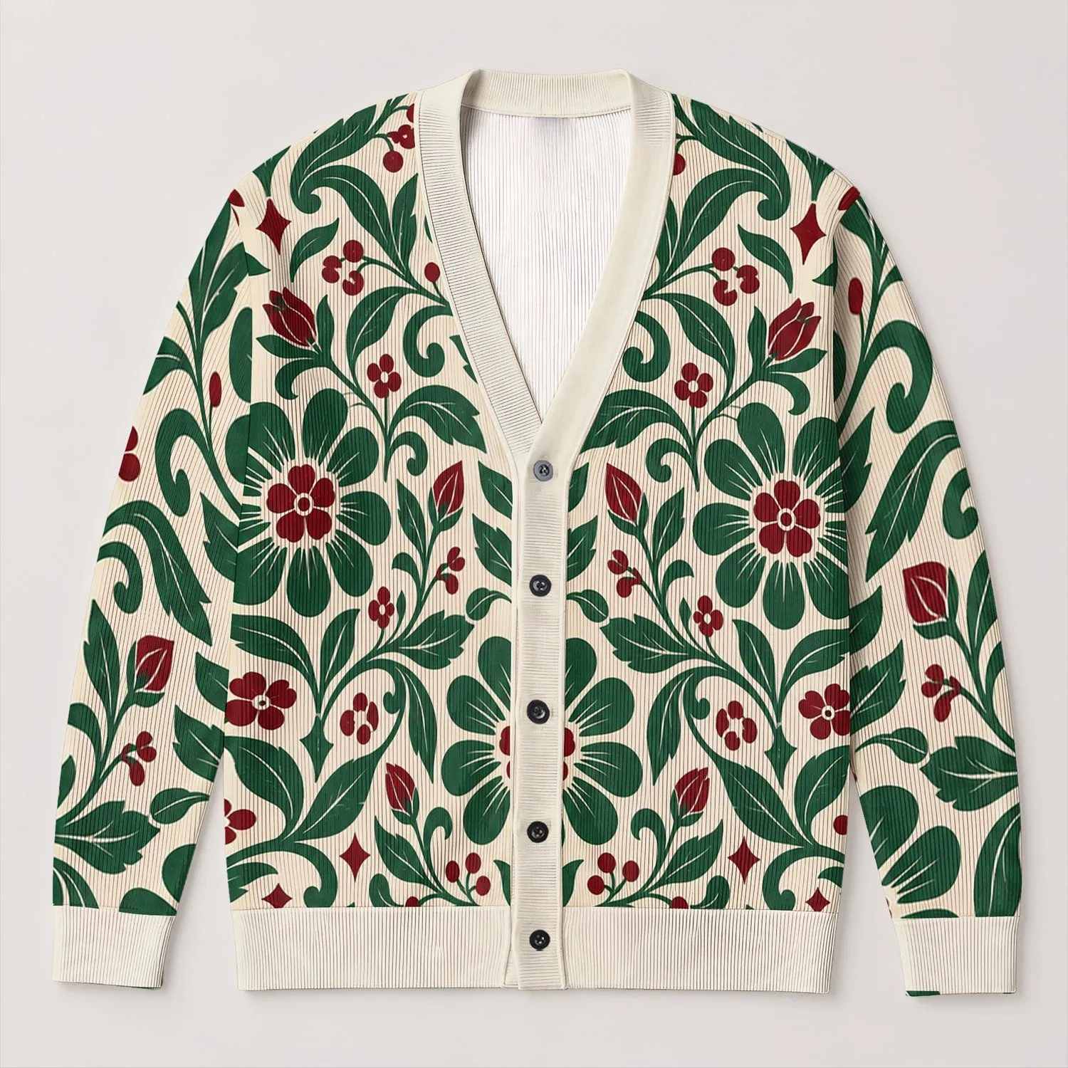 Burgundy Green Folk Florals For Holiday Gatherings And Everyday Layering For Women All-over Print Knitted Cardigan - 1