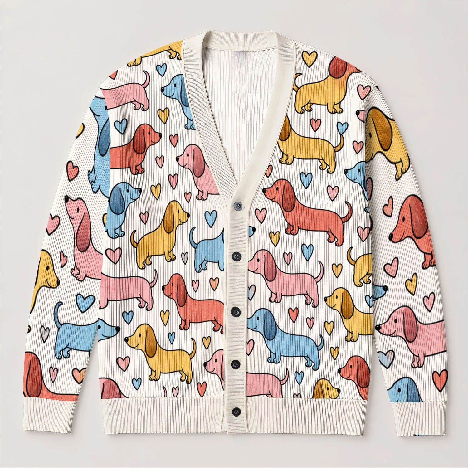 Colorful Dachshund Hearts for Playful Spring Outfits and Dog Lovers Everywhere, Any Day All-over Print Knitted Cardigan - 1