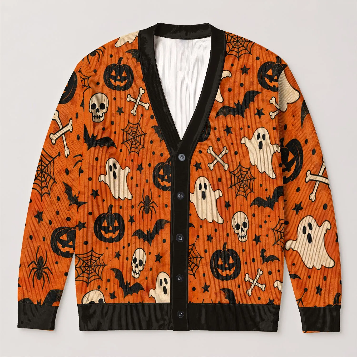 Halloween Pumpkins, Ghosts, Bats And Spiderwebs For Festive Autumn Layering Looks All-over Print Knitted Cardigan - 1