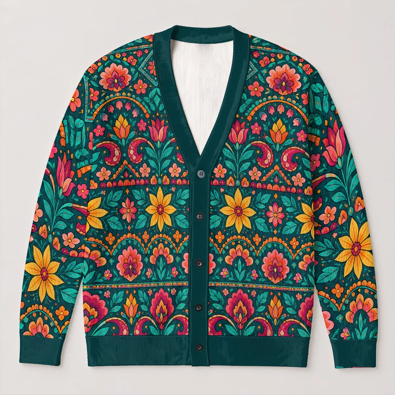 Teal Pink Orange Floral Geometry for Spring Layering and Casual Everyday Wear for Women All-over Print Knitted Cardigan - 1