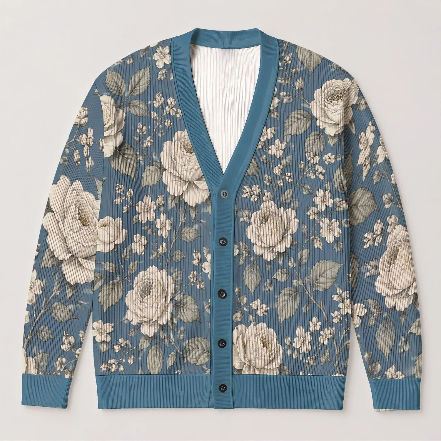 Cream Rose Floral Botanical Motif for Romantic Everyday Layering and Casual Outings Women All-over Print Knitted Cardigan - 1