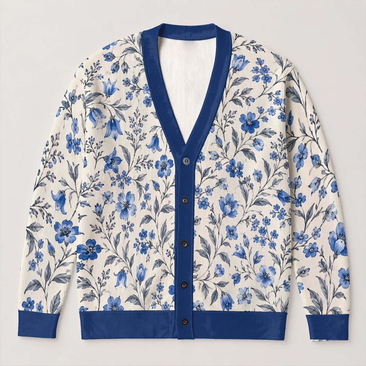 Blue Botanical Floral Motif For Spring Vacation Style, Elegant Women’s Everyday Layering All-over Print Knitted Cardigan - 1