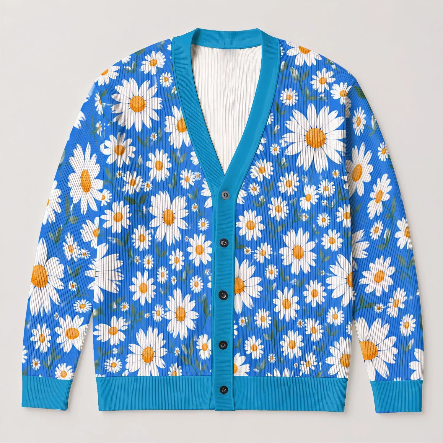 Blue Daisy Floral Motif for Vacation Layering and Casual Autumn Date Style for Women All-over Print Knitted Cardigan - 1