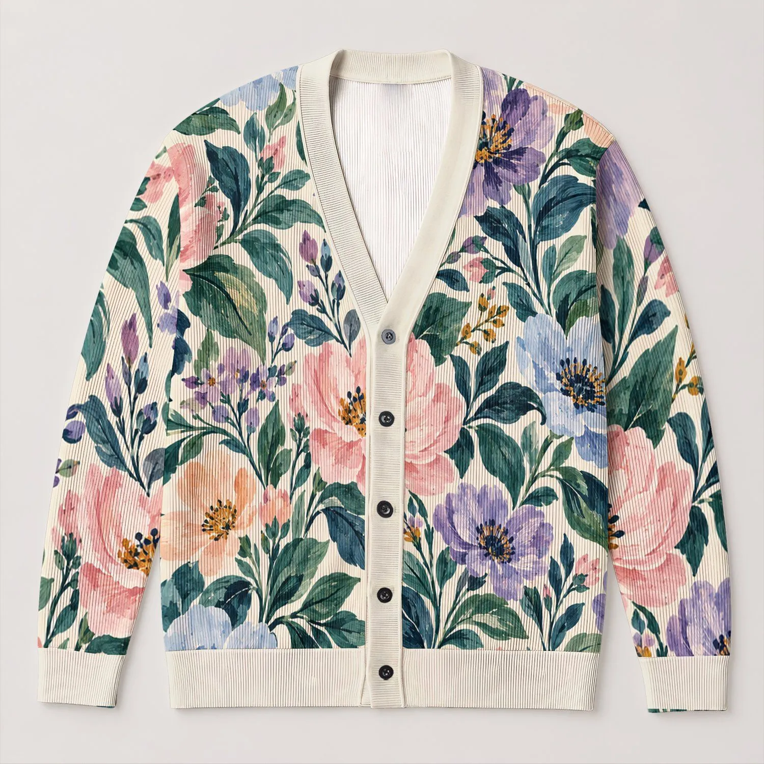 Large Watercolor Floral Blossoms for Relaxed Everyday Layering, Bohemian Women’s Style All-over Print Knitted Cardigan - 1