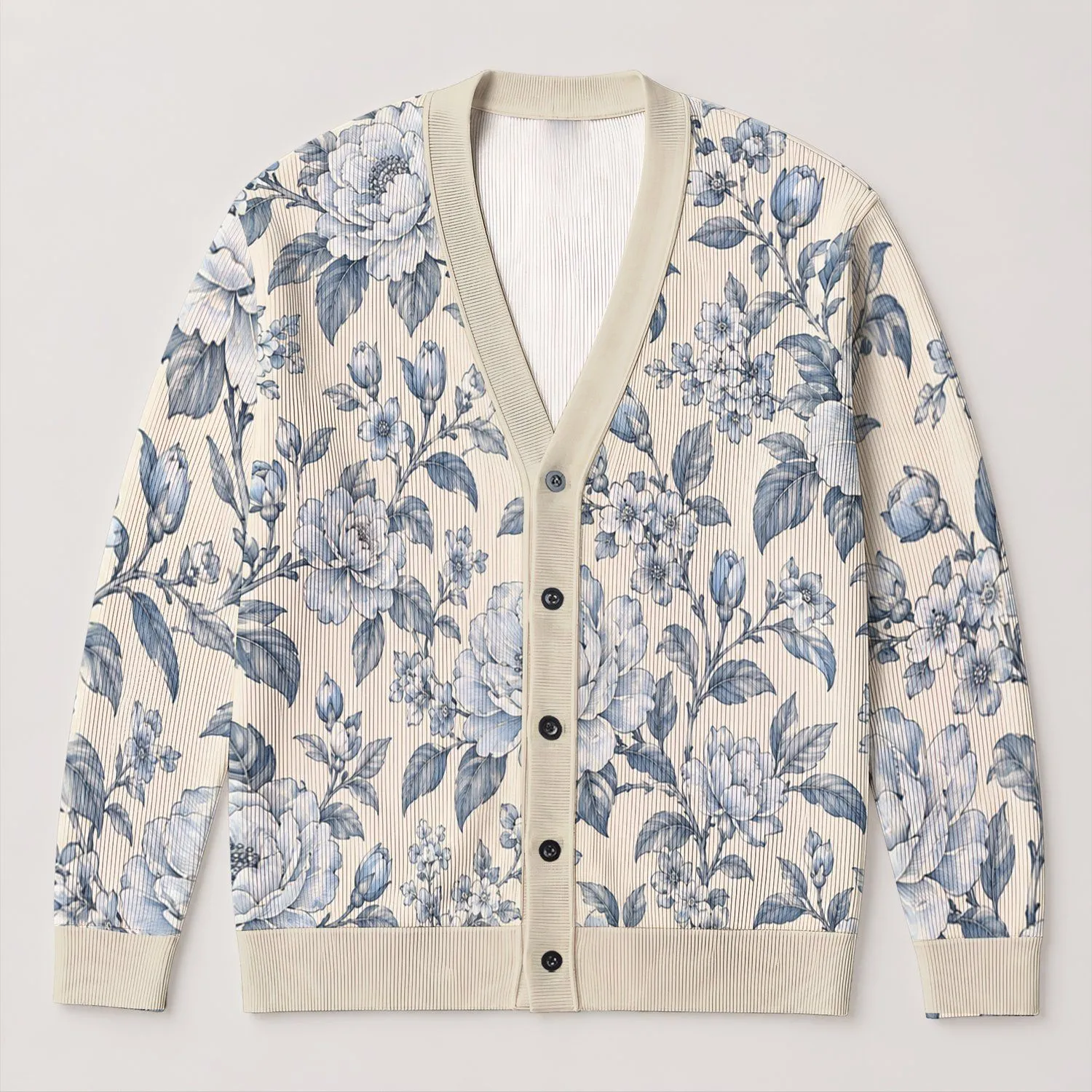 Blue Botanical Peony Blooms for Elegant Everyday Layering, Spring Outings, and Gifts All-over Print Knitted Cardigan - 1