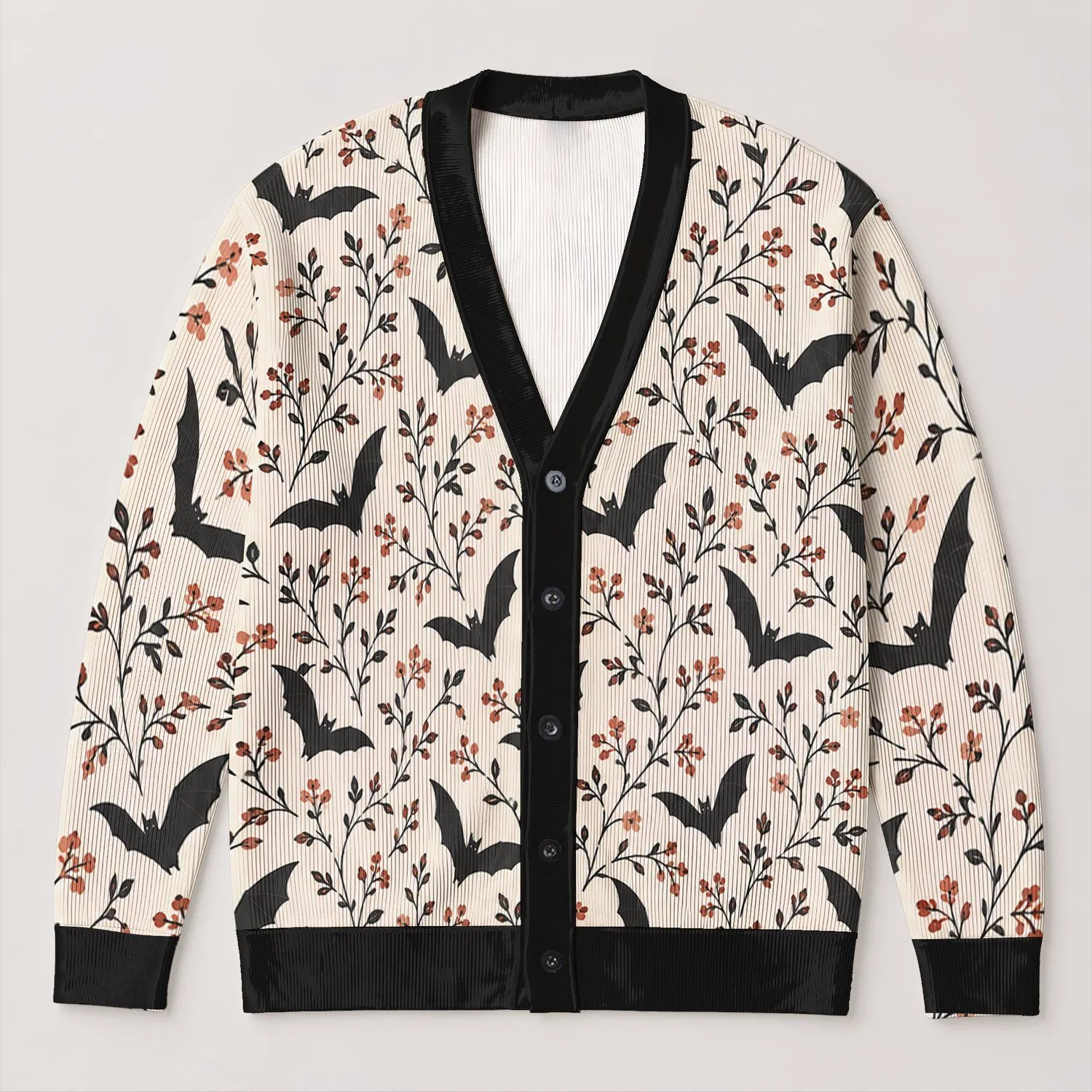 Black Bats with Gothic Rust Florals for Halloween Parties and Moody Autumn Style Lovers All-over Print Knitted Cardigan - 1