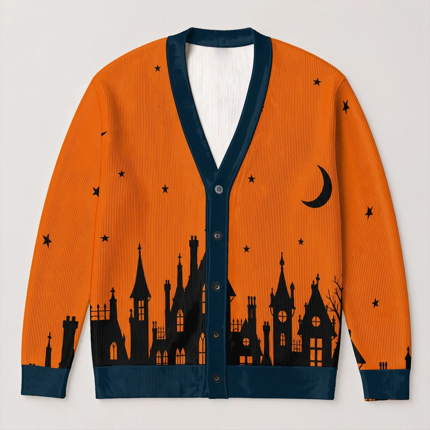 Haunted House Silhouette and Pumpkin Moonlight for Spooky Halloween Fall Gatherings All-over Print Knitted Cardigan - 1